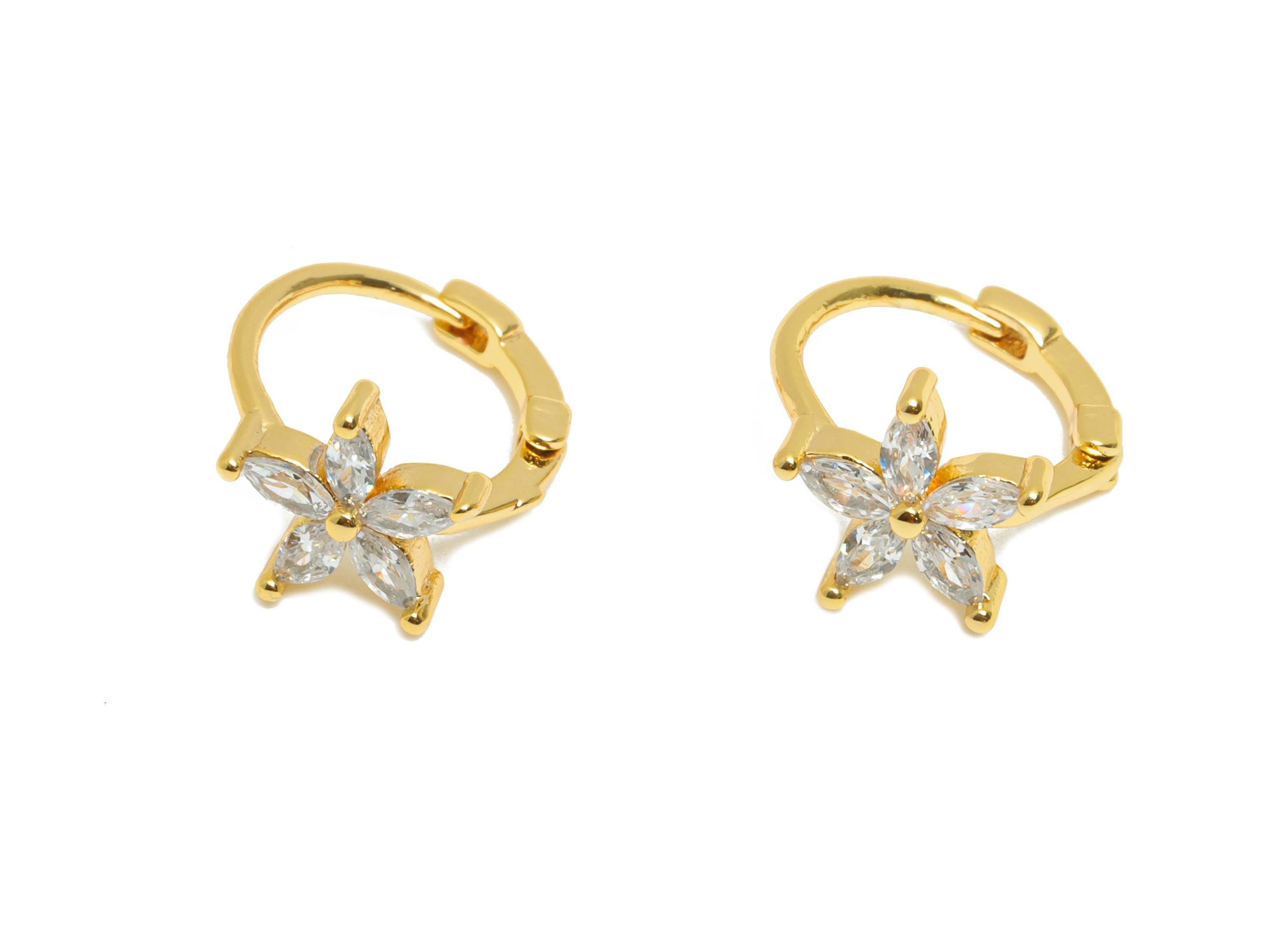Brass CZ Huggie Hoop Earring - Mini Marquise Zircon Earring - Botanical Floral Huggie Hoop Clasp - 18K Real Gold Plated - 11x9x7mm -RGP10947 - DOMEDBAZAAR