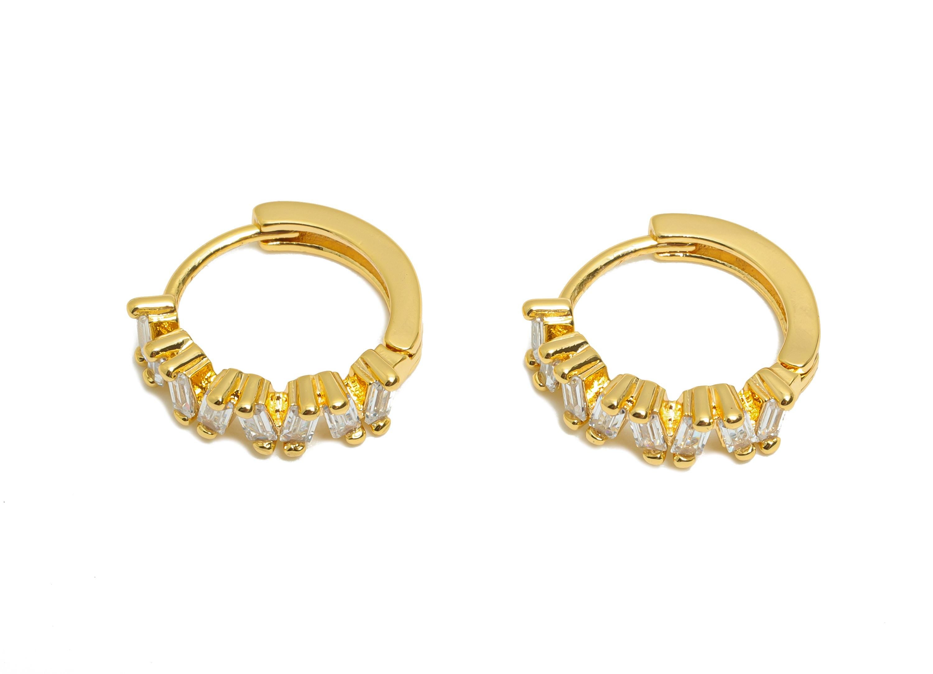 Brass  Huggie Hoop Earring - Brass Rectangle Zircon Dainty Hoop - Sparkling Hoop Earring - 18K Real Gold Plated - 14x13x3mm - RGP10892 - DOMEDBAZAAR