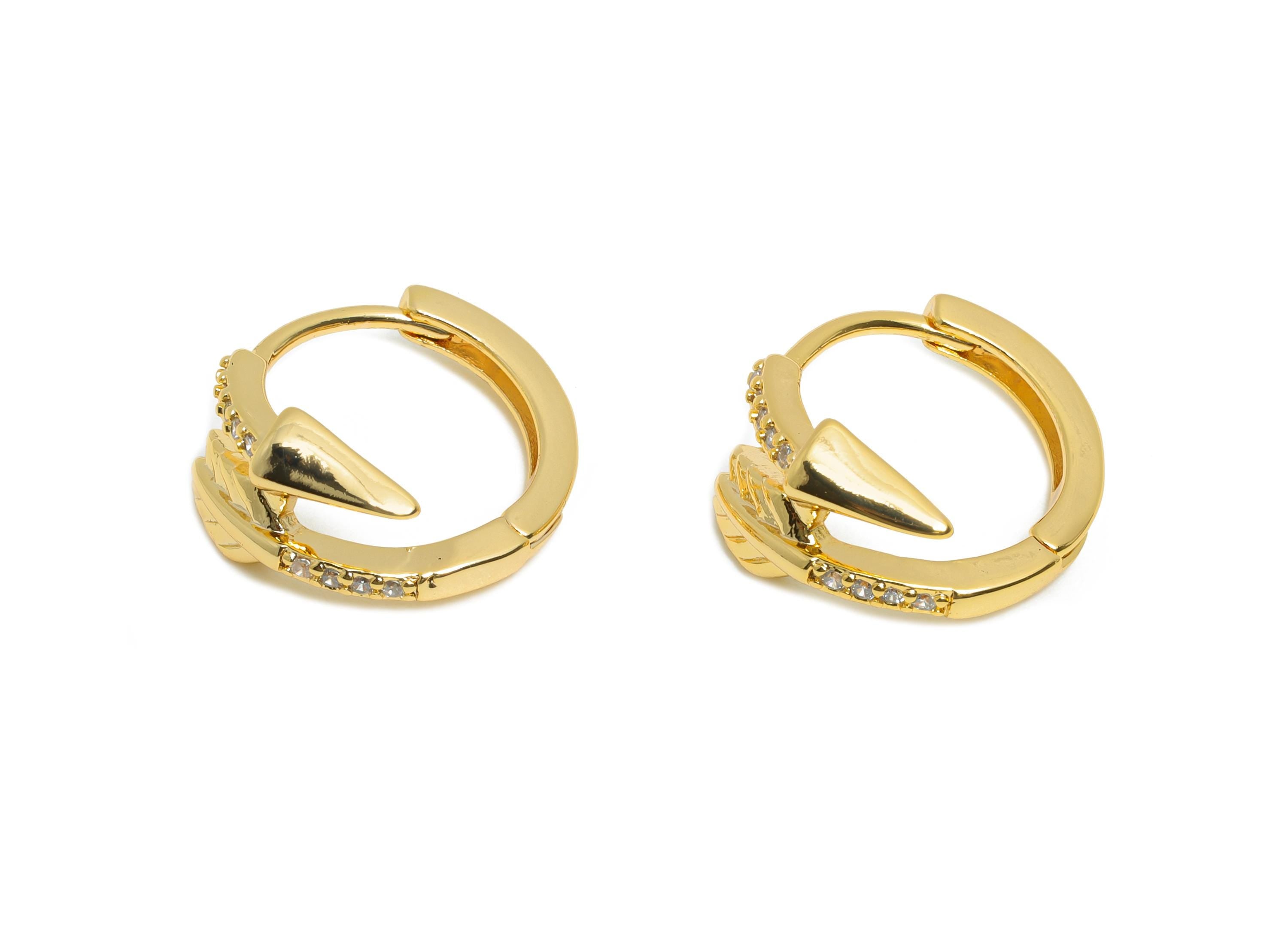 Brass CZ Huggie Hoop Earring - Brass Arrow Zircon Earring - Statement Huggie Hoop Clasp - 18K Real Gold Plated - 14.63x13x6.9mm - RGP10848 - DOMEDBAZAAR