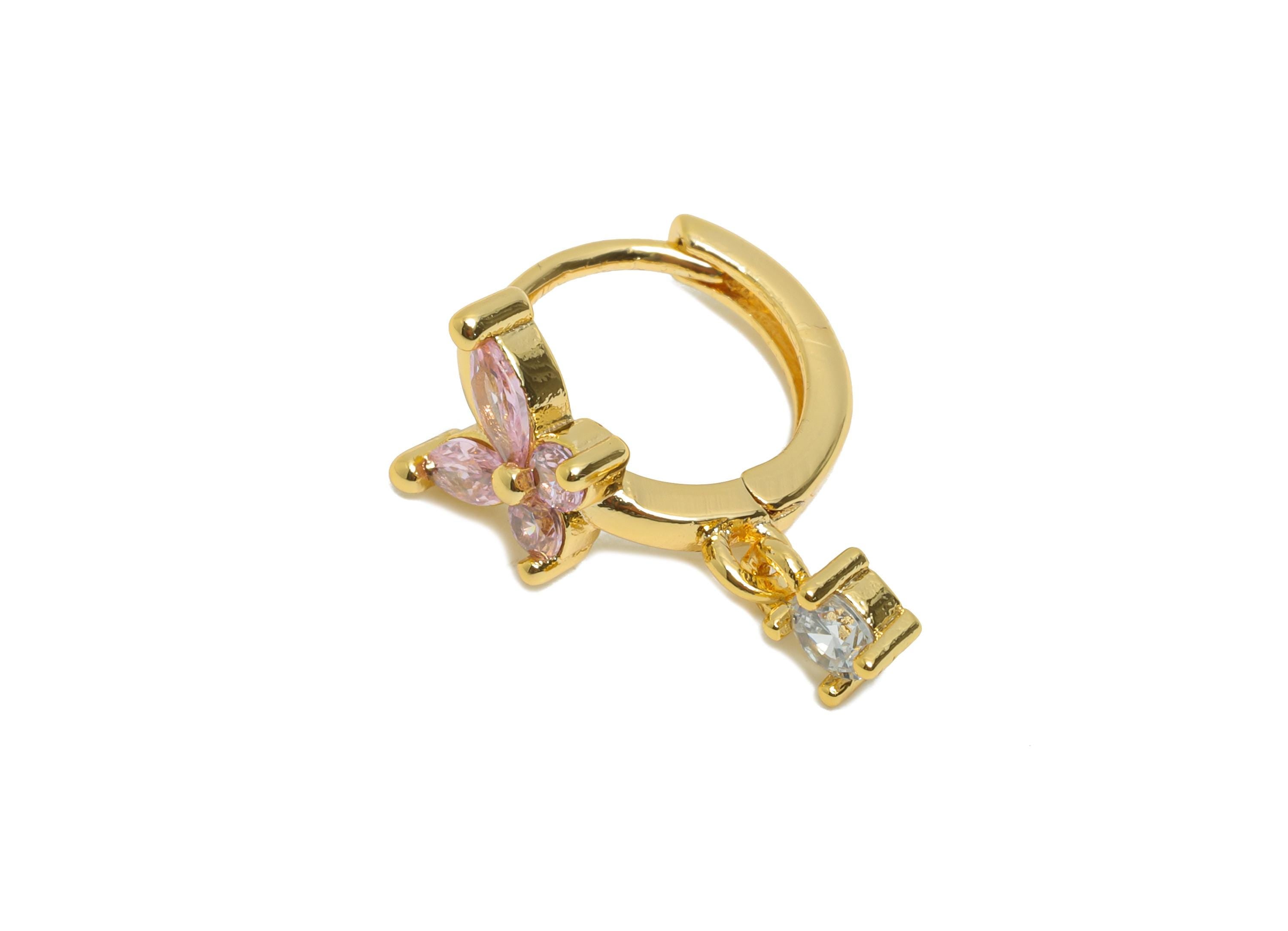 Brass CZ Dangle Huggie Hoop Earring - Butterfly Zircon Earring - Chic Huggie Hoop Clasp - 18K Real Gold Plated - 12.7x12x7.5mm - RGP10871 - DOMEDBAZAAR