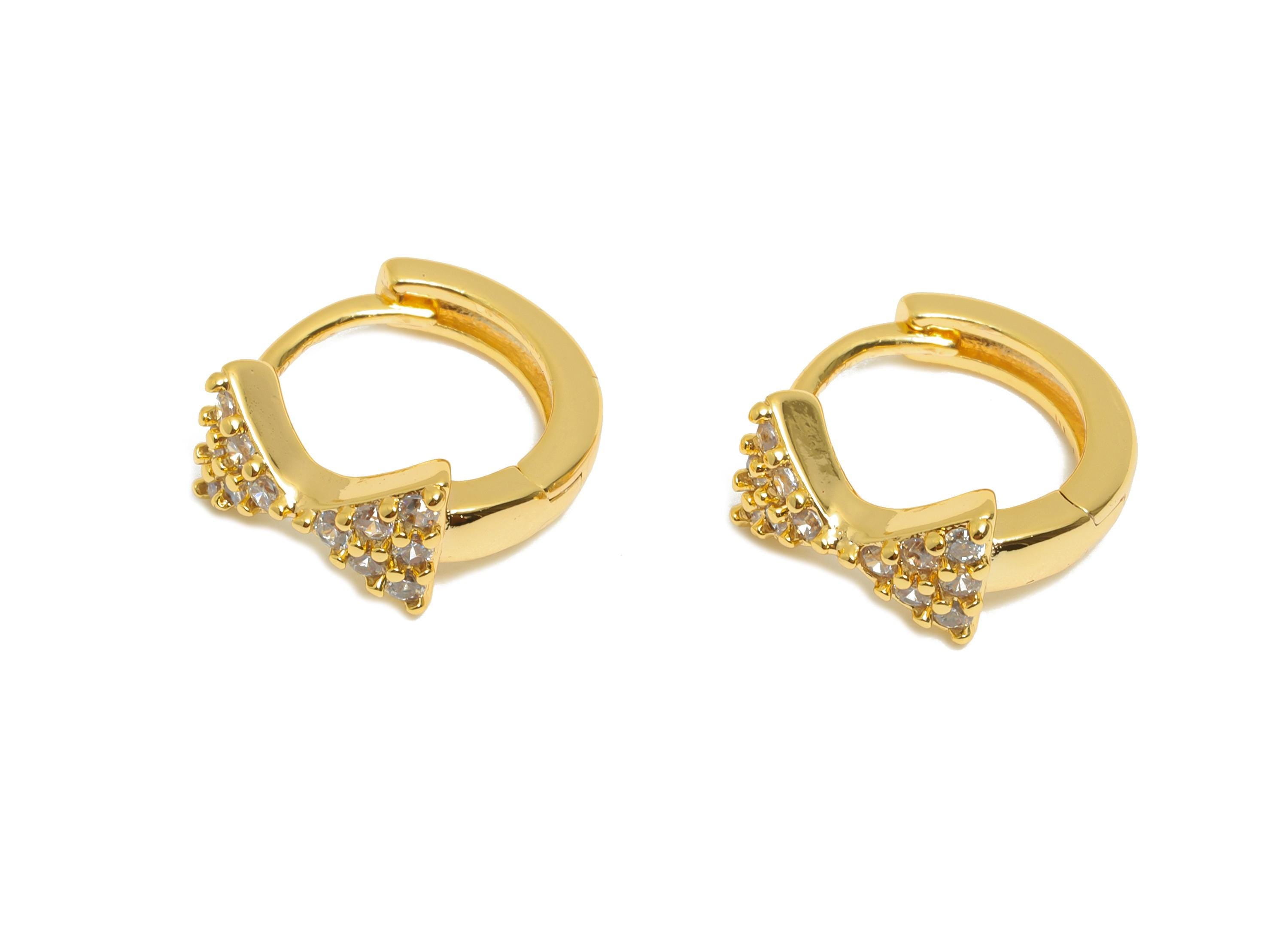 Brass CZ Bow Huggie Hoop Earring - Cute Brass Bow Zircon Earring - Dainty Huggie Hoop Clasp - 18K Real Gold Plated - 6.76x5.2x5mm - RGP10878 - DOMEDBAZAAR