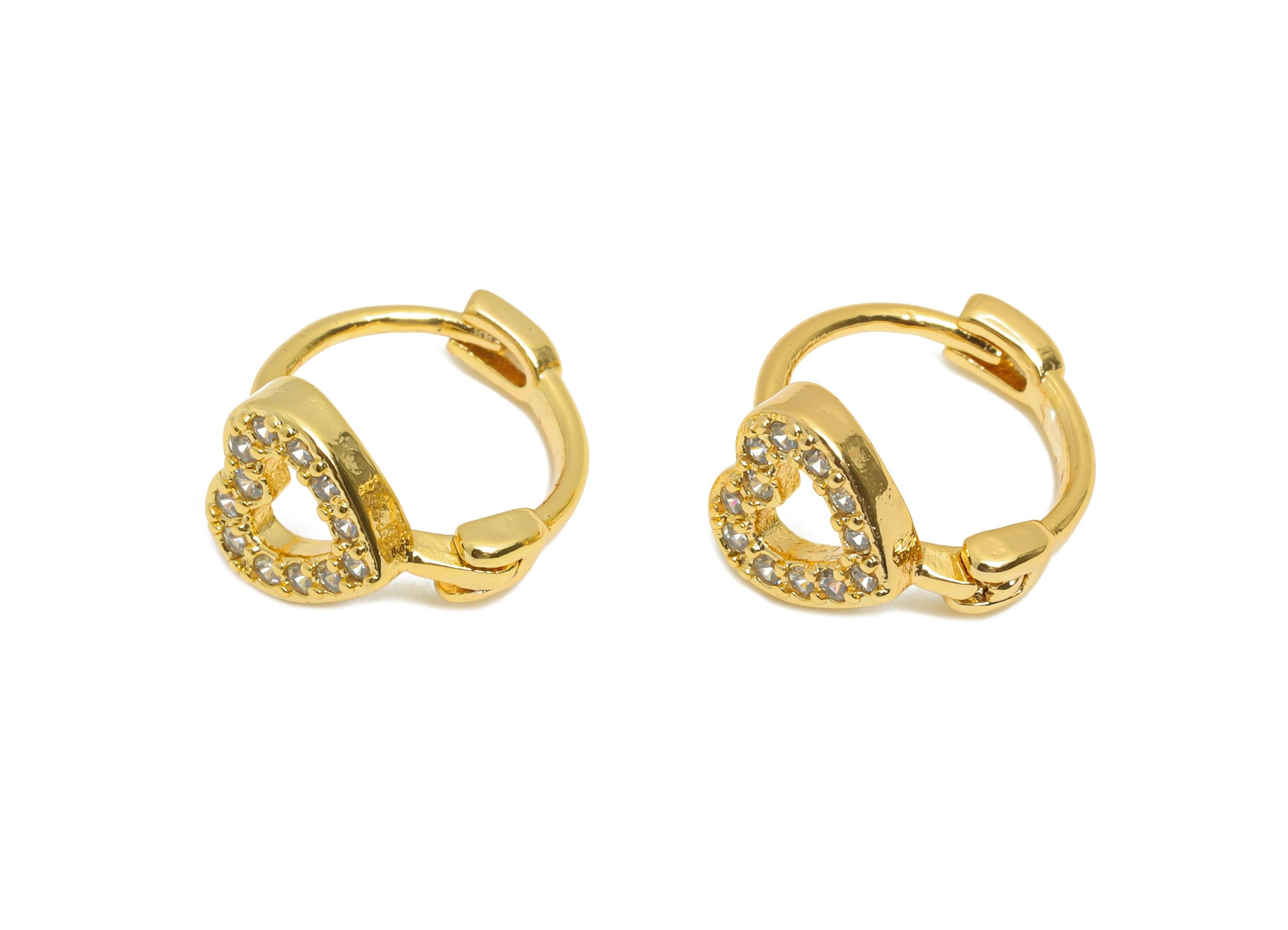 Brass CZ Huggie Hoop Earring - Everyday Heart Zircon Earring - Minimalist Huggie Hoop Clasps - 18K Real Gold Plated - 12x10x6.9mm - RGP10887 - DOMEDBAZAAR