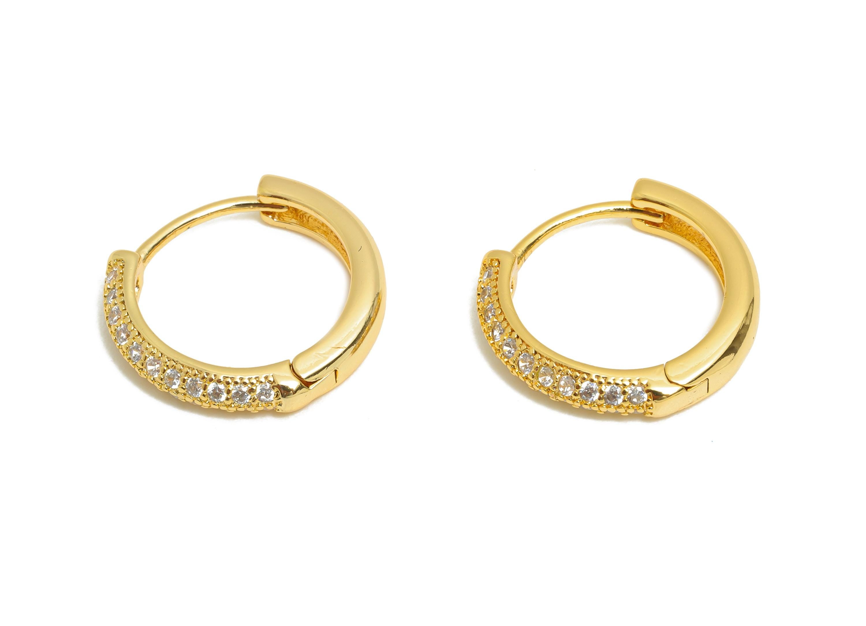 Brass CZ Round Huggie Hoop Earring - Mini Brass Zircon Earring - Dainty Huggie Hoop Clasp - 18K Real Gold Plated - 14.5x13.6x2.8mm -RGP10889 - DOMEDBAZAAR