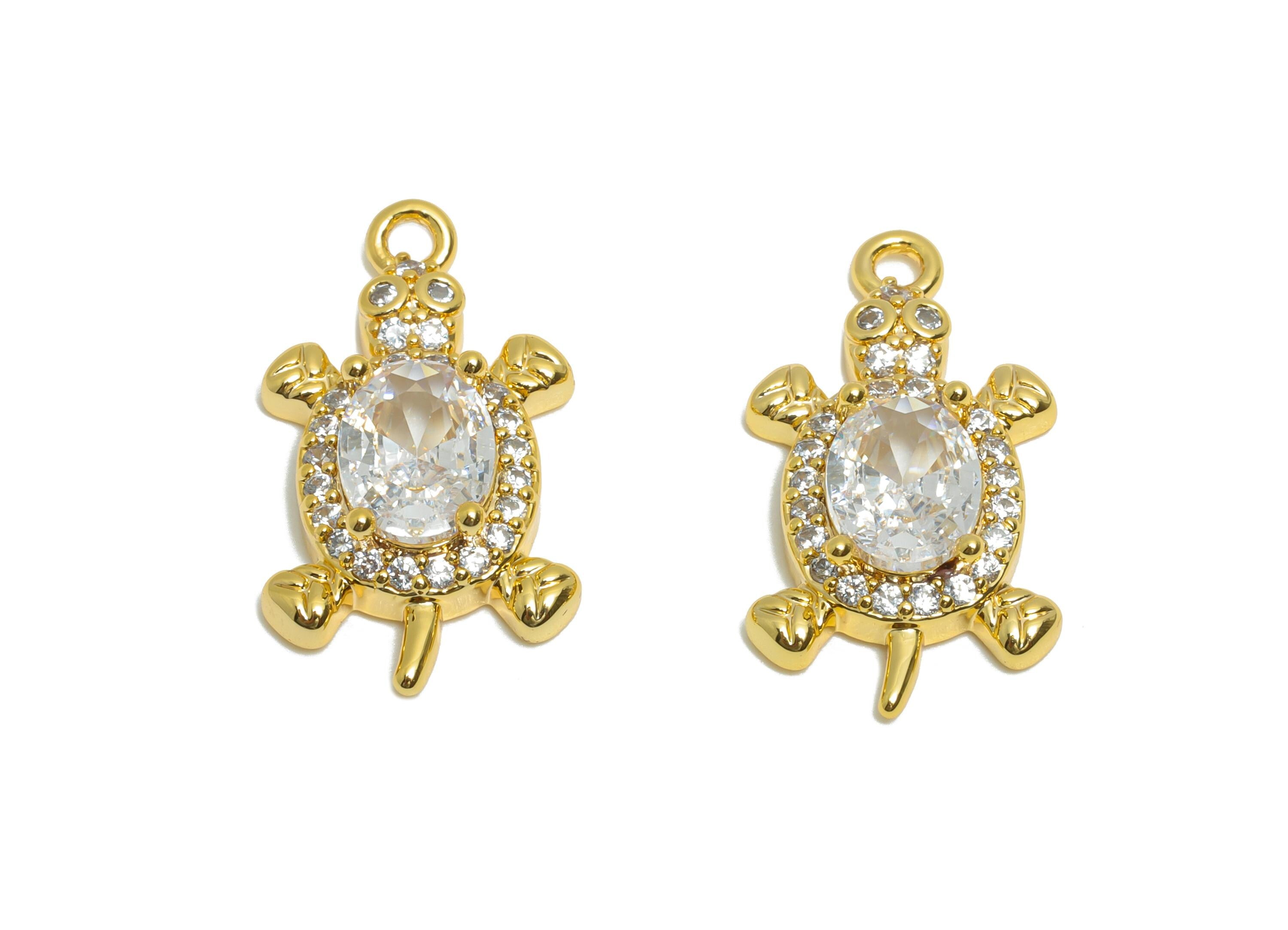 Brass Gold Turtle Pendant - Brass Cubic Zircon Marine Life Charm - Sparkling Necklace Charm - 18K Real Gold Plating - 21x11x4mm -RGP10963 - DOMEDBAZAAR