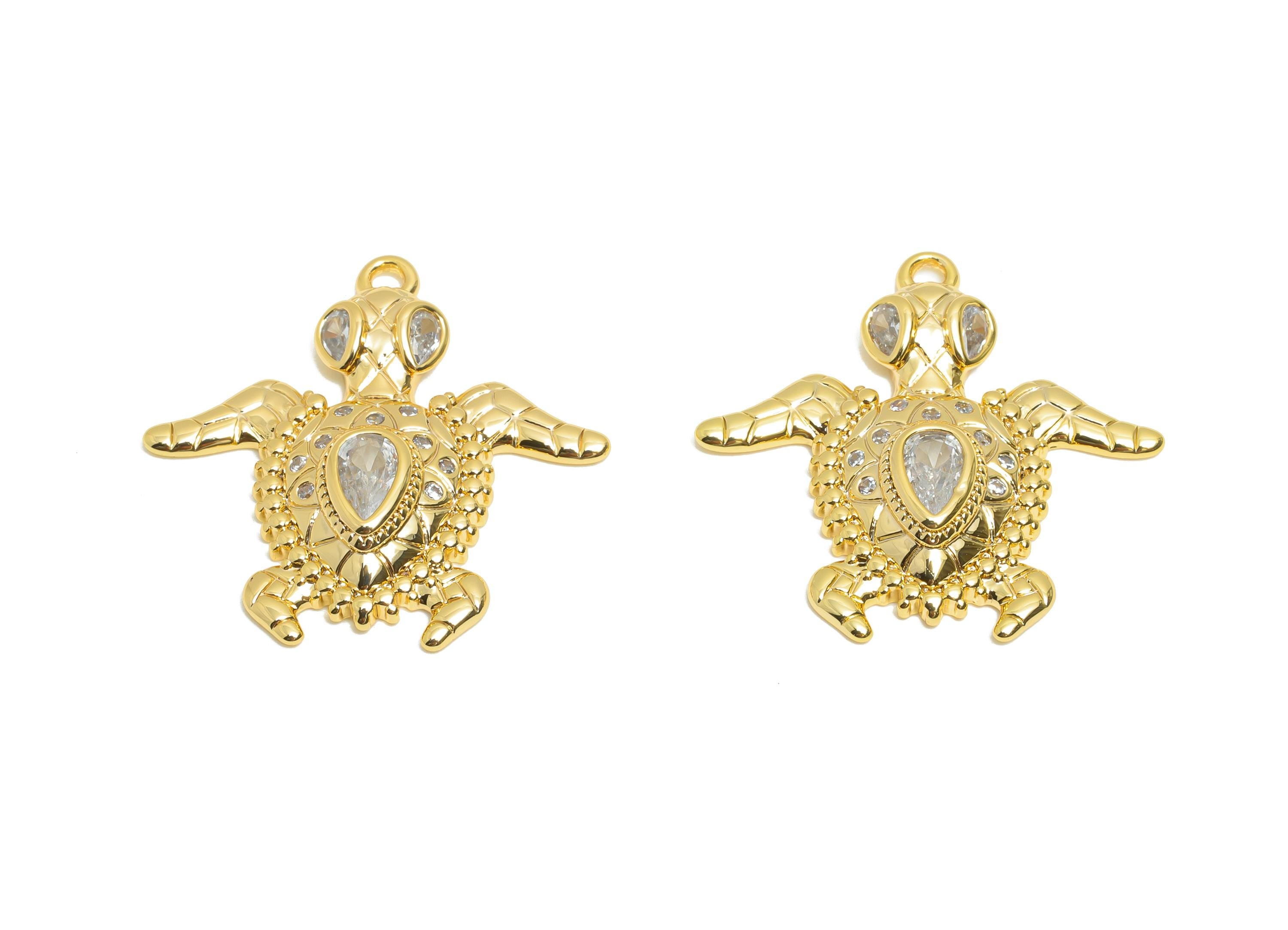 Brass Gold Turtle Pendant - Cubic Zircon Marine Life Charms - Sparkling Necklace Charm - 18K Real Gold Plating - 21.8x21.7x3.3mm - RGP10964 - DOMEDBAZAAR
