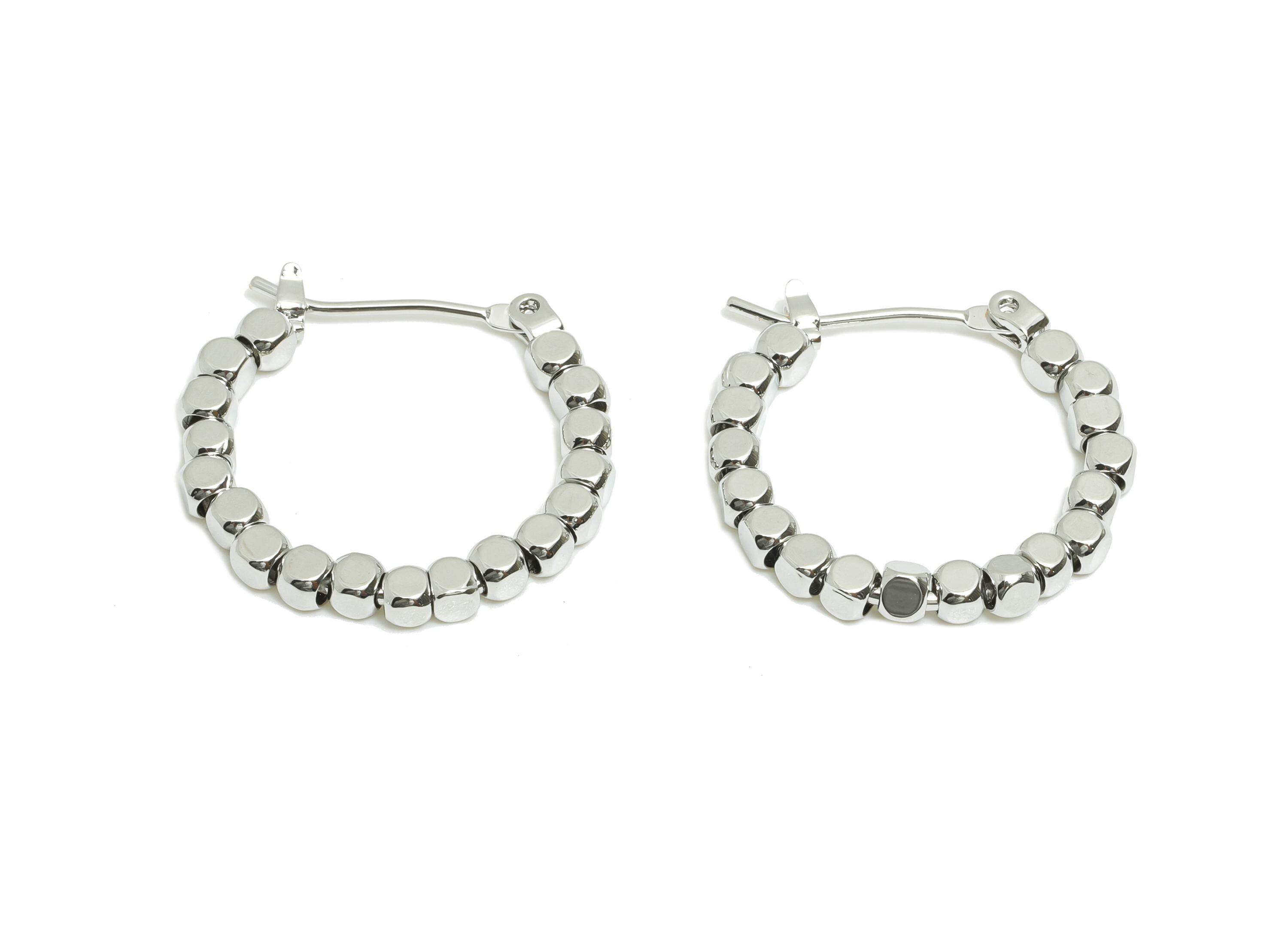 Brass Beaded Hoop Earring - Faceted Square Beaded Hoop - Hinged Back - Classic Hoop Jewelry - 18k White Gold Plated - 22x21x2.5mm - RGP10977 - DOMEDBAZAAR