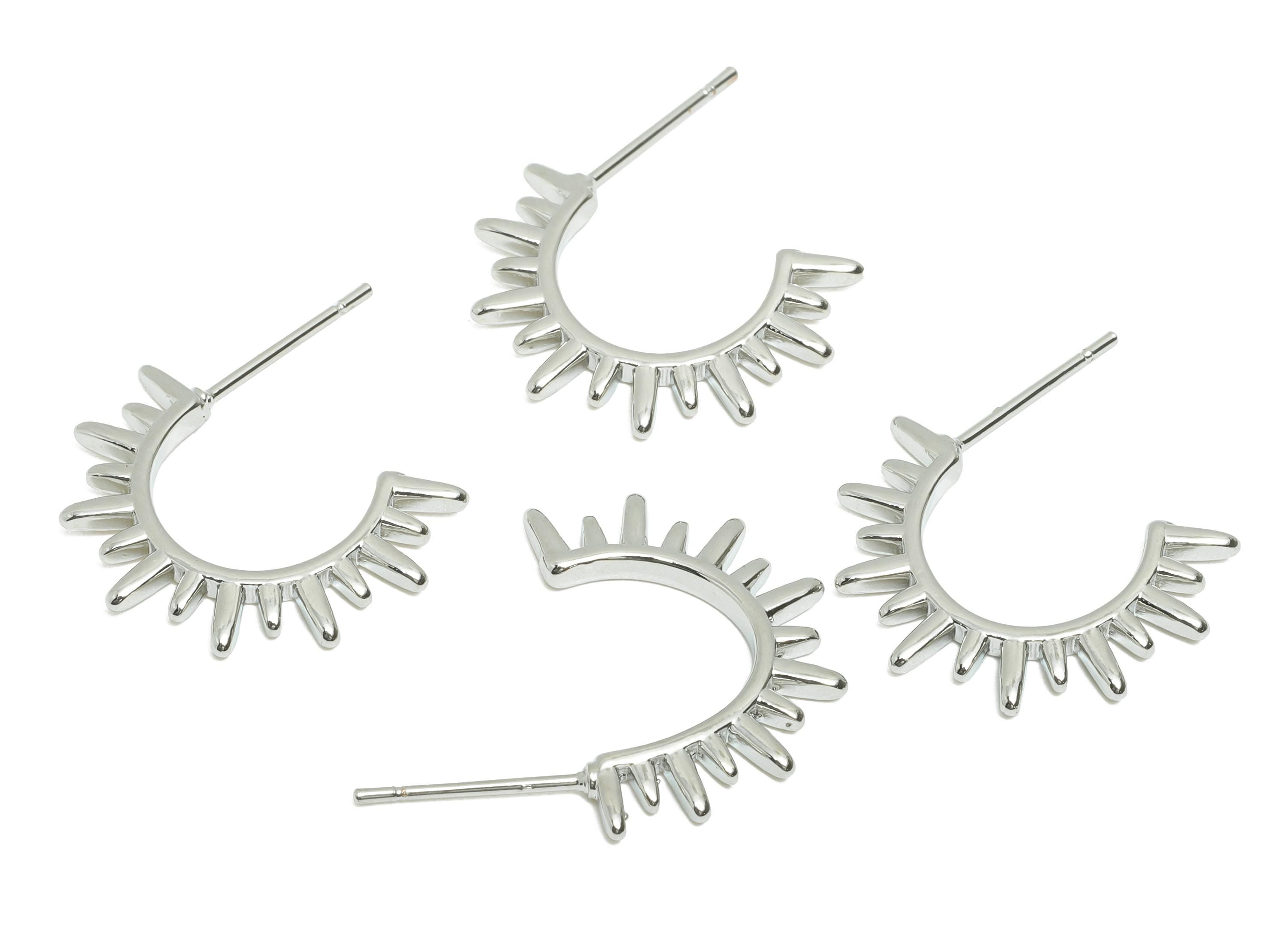 Brass Sunburst Earring Post - Shine Open Hoop Stud Earring - Modern Punk Hoop - 18K Real White Gold Plating - 19.6x13.7x1.6mm - RGP10428 - DOMEDBAZAAR