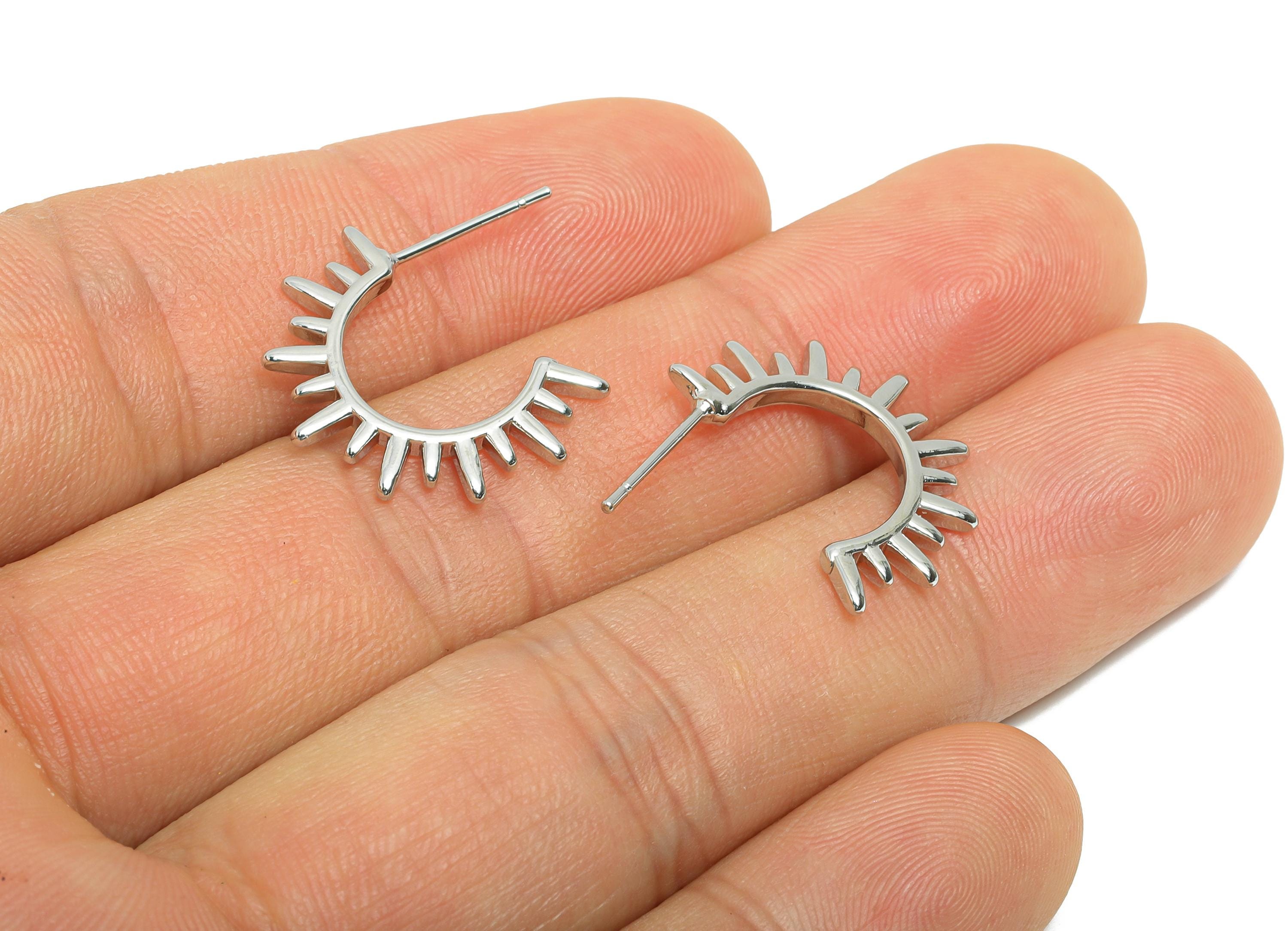Brass Sunburst Earring Post - Shine Open Hoop Stud Earring - Modern Punk Hoop - 18K Real White Gold Plating - 19.6x13.7x1.6mm - RGP10428 - DOMEDBAZAAR
