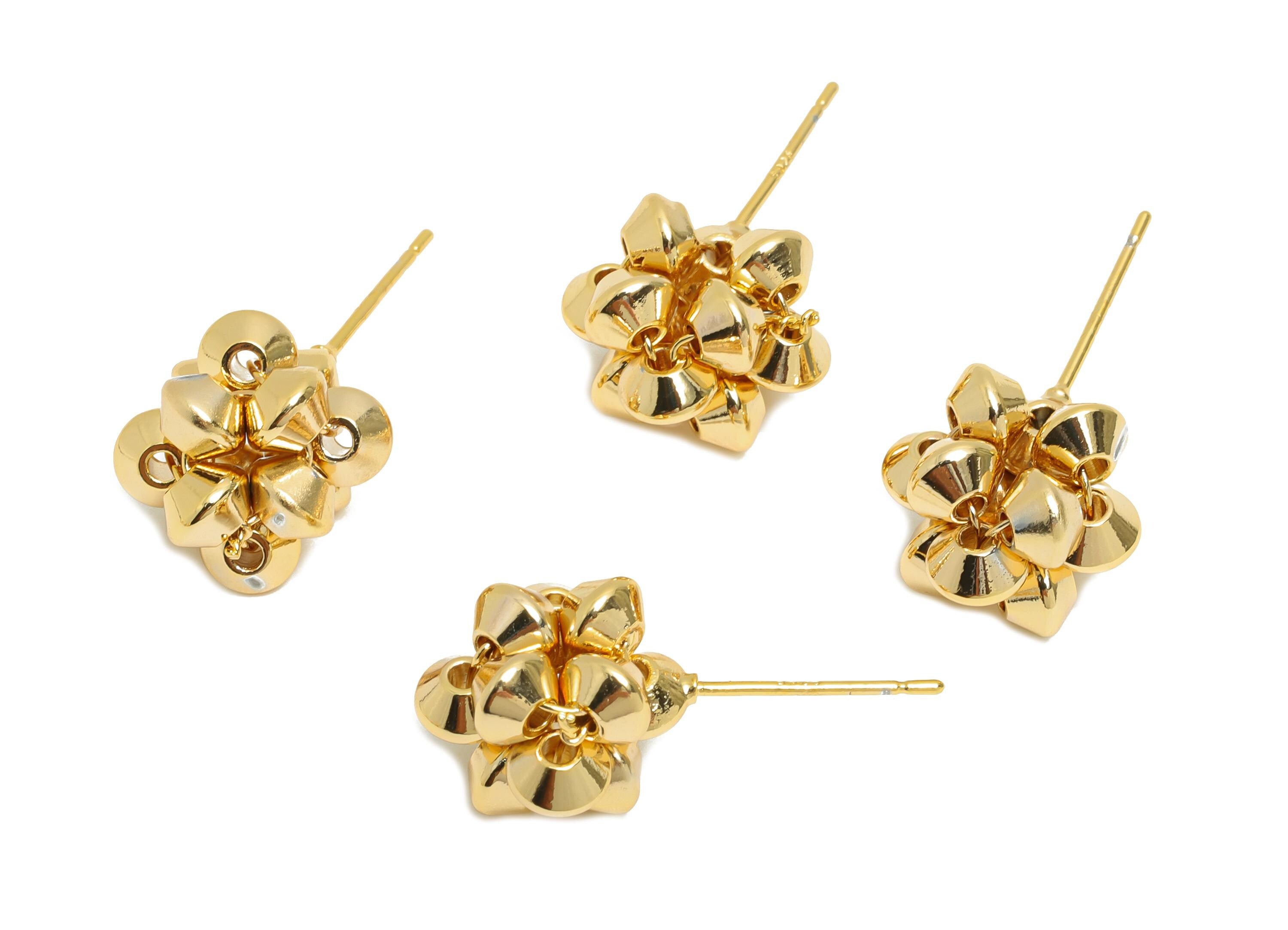 Brass Flower Earring Post - Brass Boho Bold Art Earring - Geometric Bead Cluster Earring - 18K Real Gold Plated - 24x12x11mm - RGP10810