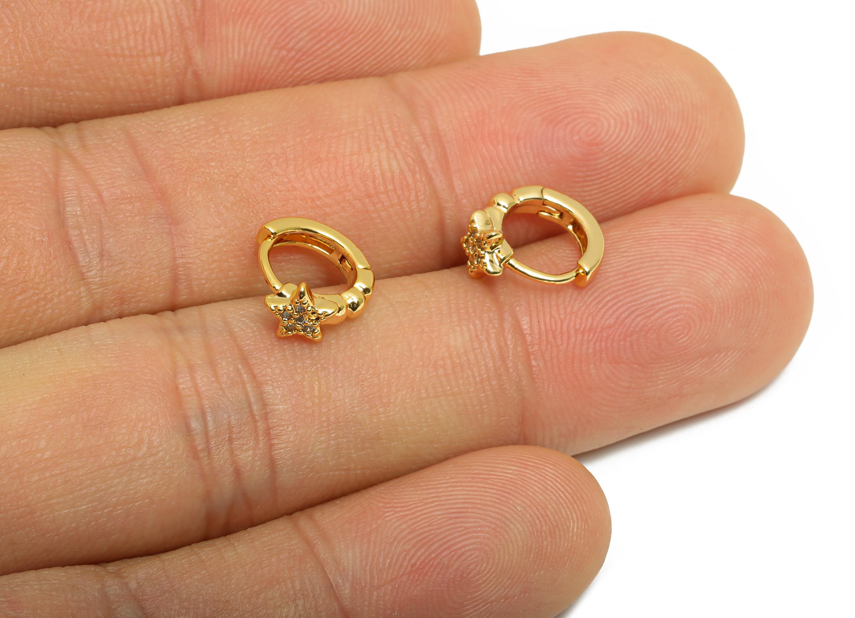 Brass CZ Star Huggie Hoop Earring - Dainty Cubic Zircon Earrings - Classic Everyday Wear - 18K Real Gold Plated - 10x9x5mm - RGP10874 - DOMEDBAZAAR