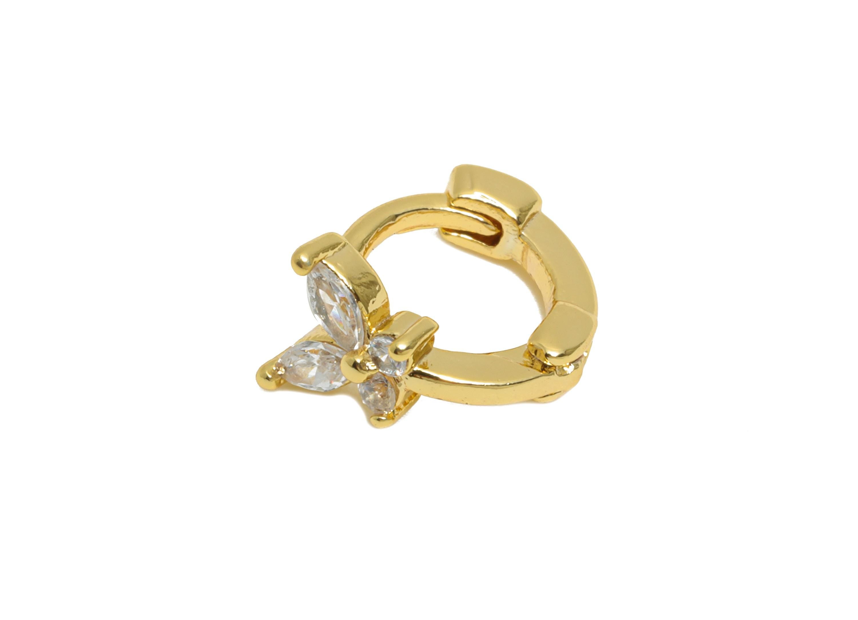 Brass CZ Huggie Hoop Earring - Tiny Brass Butterfly Zircon Earring - Refined Huggie Hoop Clasp - 18K Real Gold Plated - 9x7.7x5mm - RGP10936 - DOMEDBAZAAR