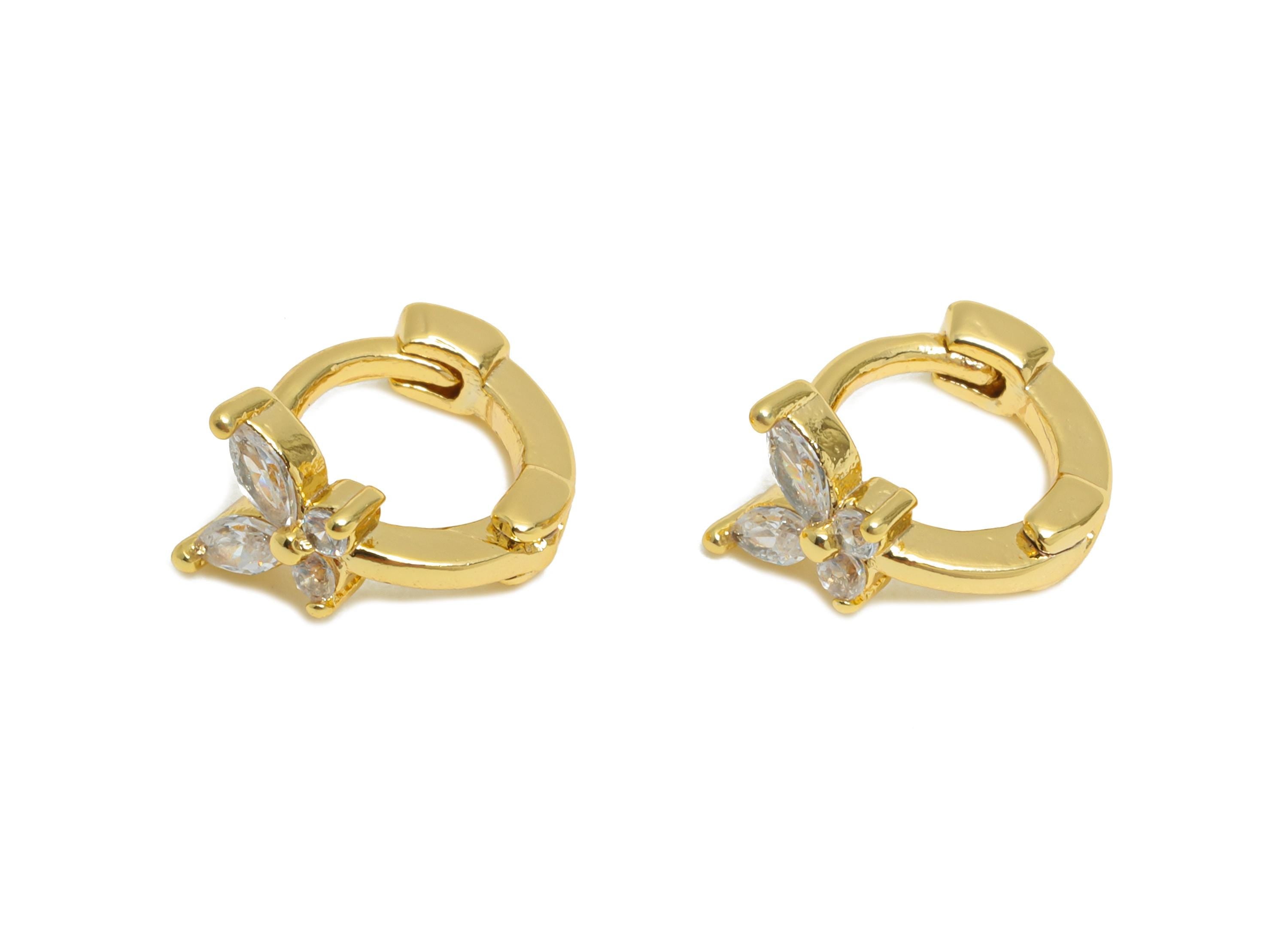 Brass CZ Huggie Hoop Earring - Tiny Brass Butterfly Zircon Earring - Refined Huggie Hoop Clasp - 18K Real Gold Plated - 9x7.7x5mm - RGP10936 - DOMEDBAZAAR