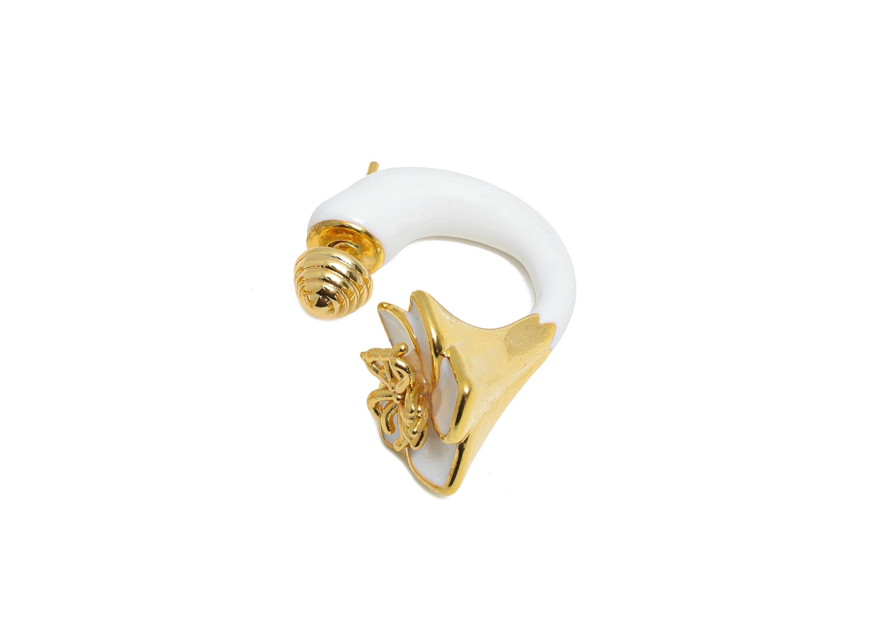 Brass Enamel Flower Earring Set - White Enamel Flower Earring Stud - Chunky Floral Hoop Post - 18K Real Gold Plated - 30x19x15mm - RGP10968C