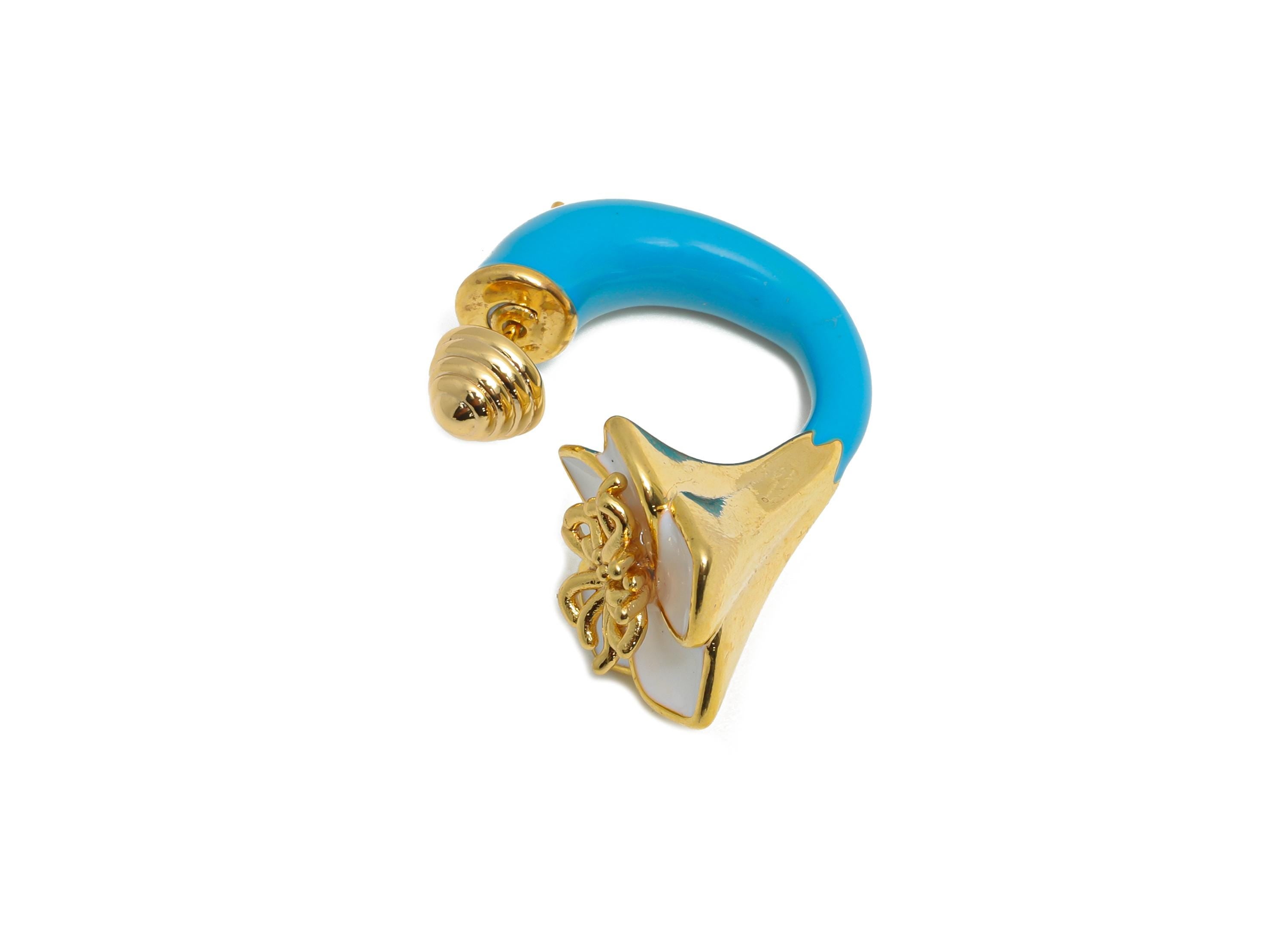 Brass Enamel Flower Earring Set - Blue Enamel Flower Earring Stud - Chunky Floral Hoop Post - 18K Real Gold Plated - 30x19x15mm - RGP10968A
