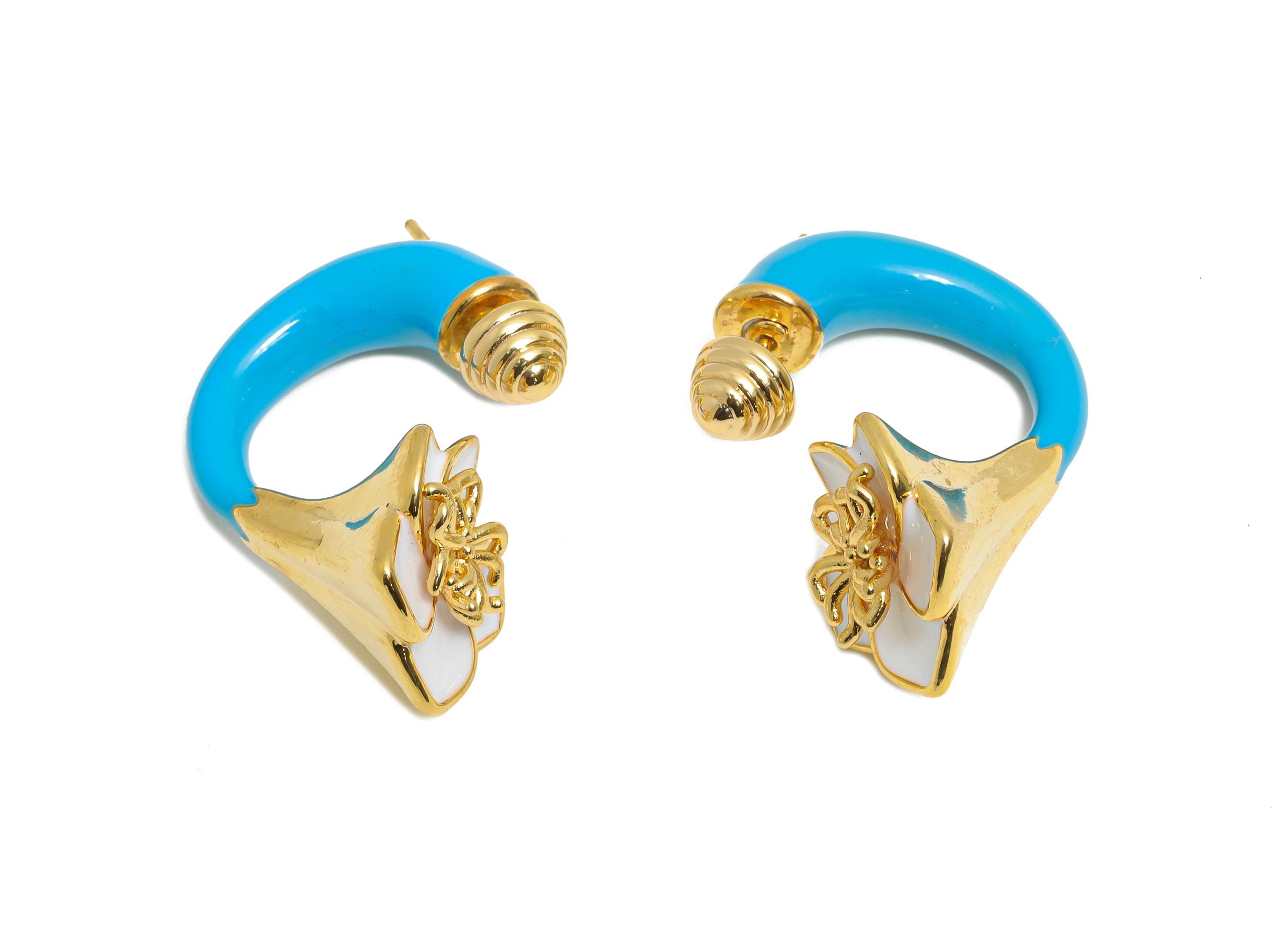 Brass Enamel Flower Earring Set - Blue Enamel Flower Earring Stud - Chunky Floral Hoop Post - 18K Real Gold Plated - 30x19x15mm - RGP10968A