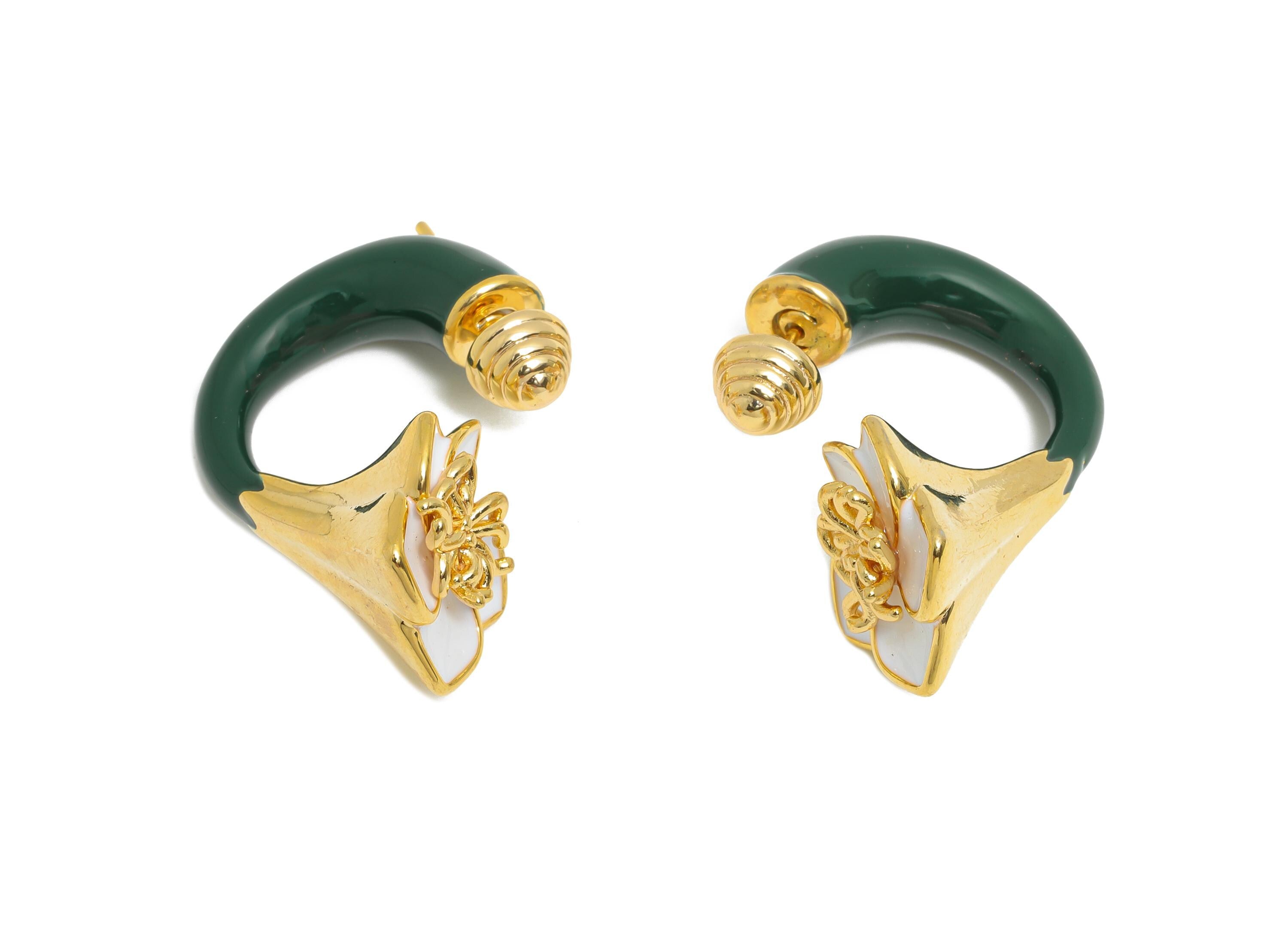 Brass Enamel Flower Earring Set - Green Enamel Flower Earring Stud - Chunky Floral Hoop Post - 18K Real Gold Plated - 30x19x15mm - RGP10968F