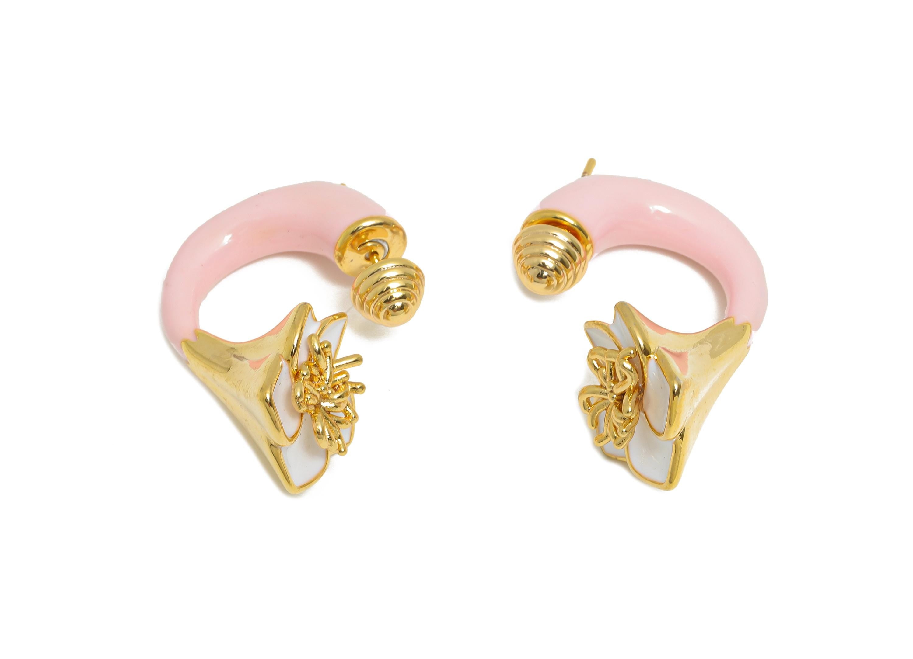 Brass Enamel Flower Earring Set - Pink Enamel Flower Earring Stud - Chunky Floral Hoop Post - 18K Real Gold Plated - 30x19x15mm - RGP10968E