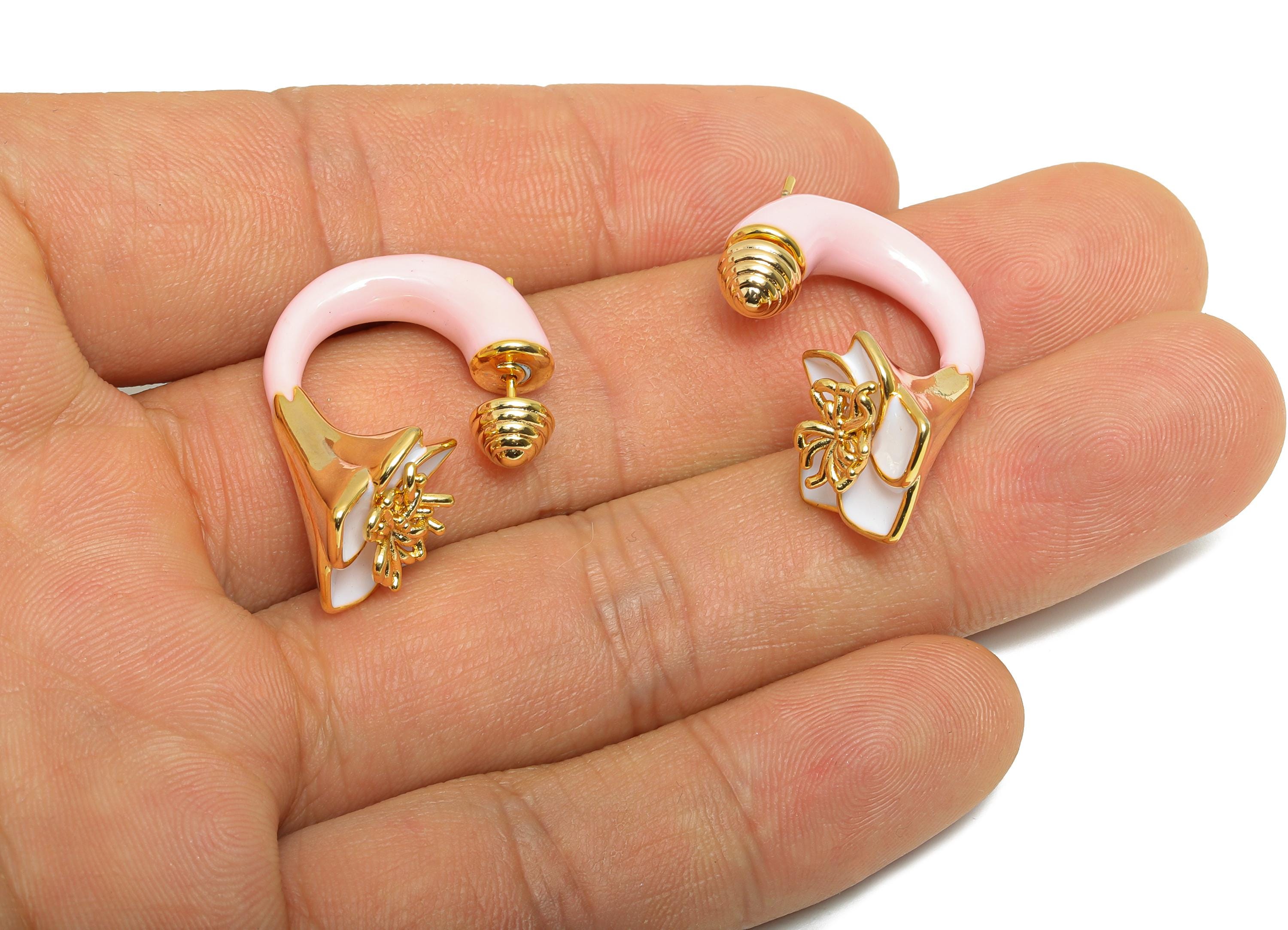 Brass Enamel Flower Earring Set - Pink Enamel Flower Earring Stud - Chunky Floral Hoop Post - 18K Real Gold Plated - 30x19x15mm - RGP10968E