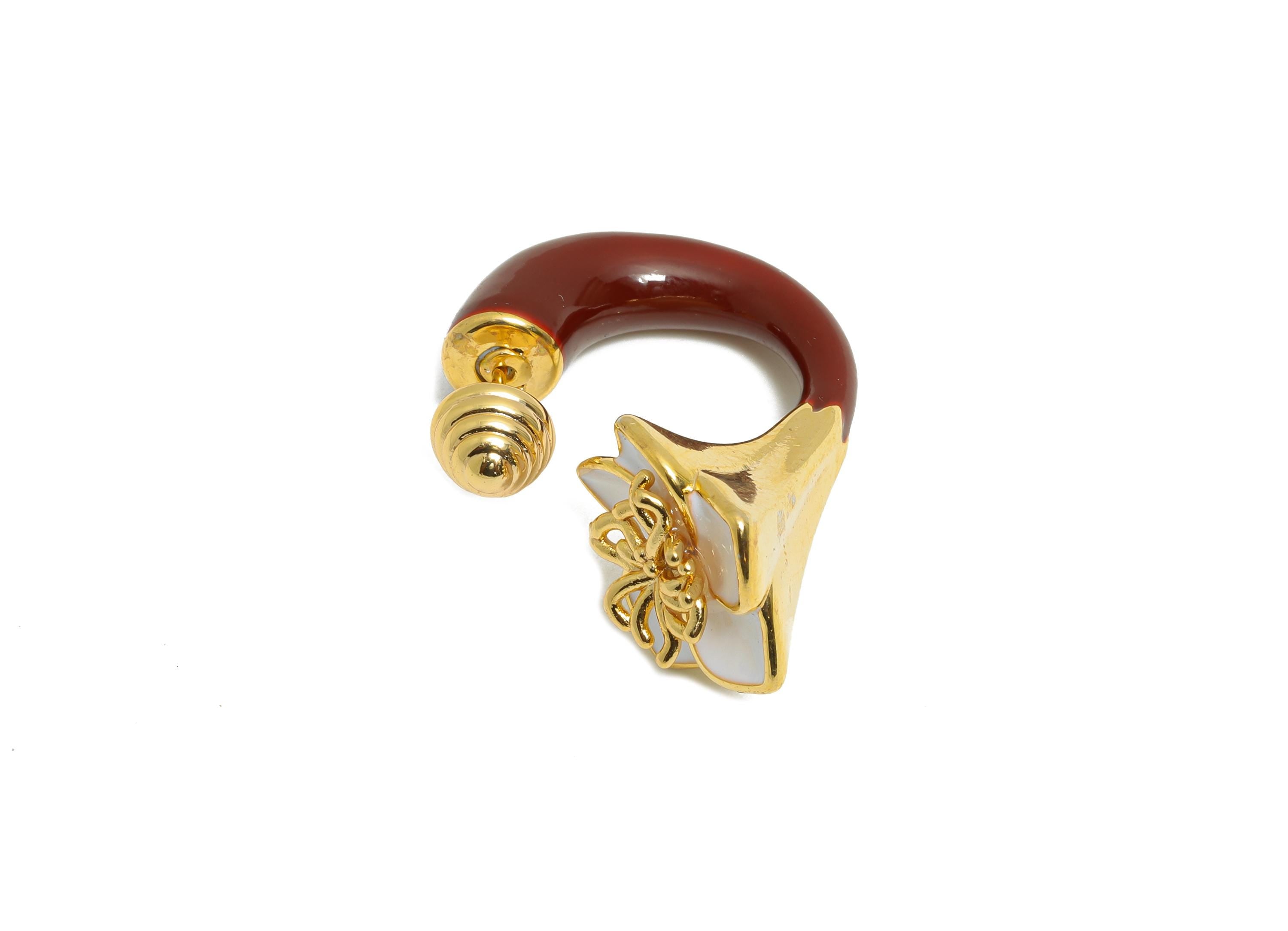 Brass Enamel Flower Earring Set - Red Enamel Flower Earring Stud - Chunky Floral Hoop Post - 18K Real Gold Plated - 30x19x15mm - RGP10968D