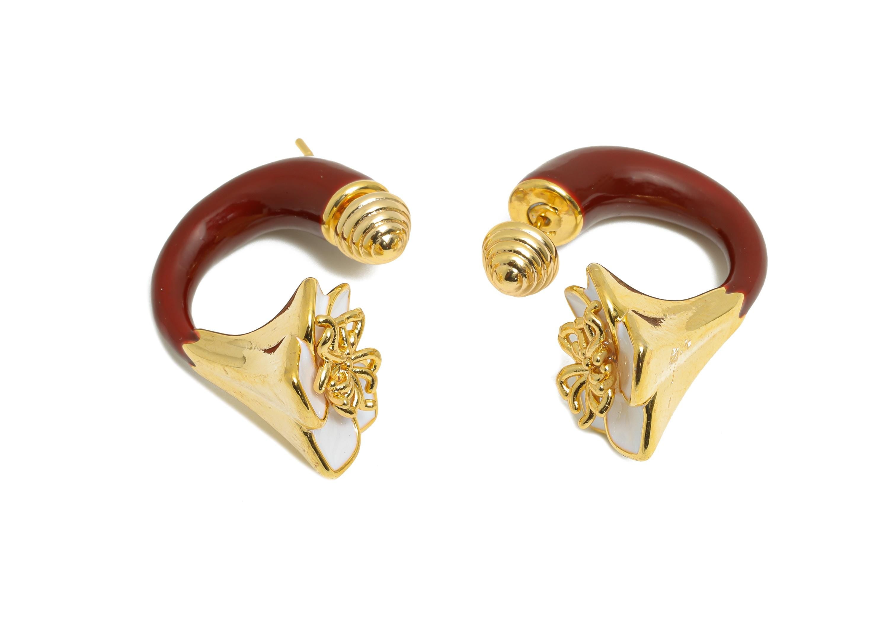 Brass Enamel Flower Earring Set - Red Enamel Flower Earring Stud - Chunky Floral Hoop Post - 18K Real Gold Plated - 30x19x15mm - RGP10968D