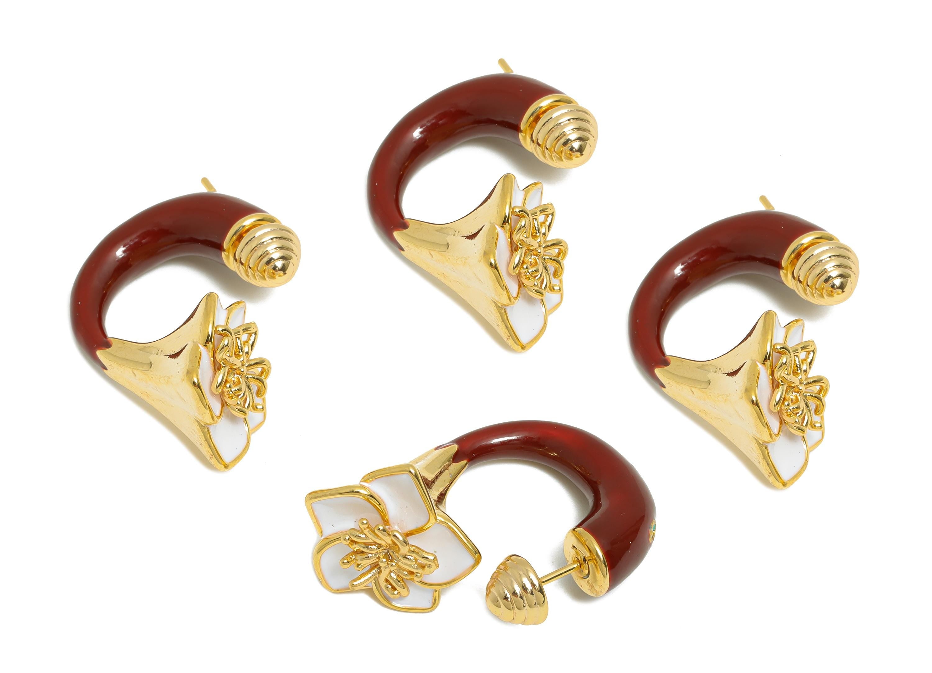 Brass Enamel Flower Earring Set - Red Enamel Flower Earring Stud - Chunky Floral Hoop Post - 18K Real Gold Plated - 30x19x15mm - RGP10968D