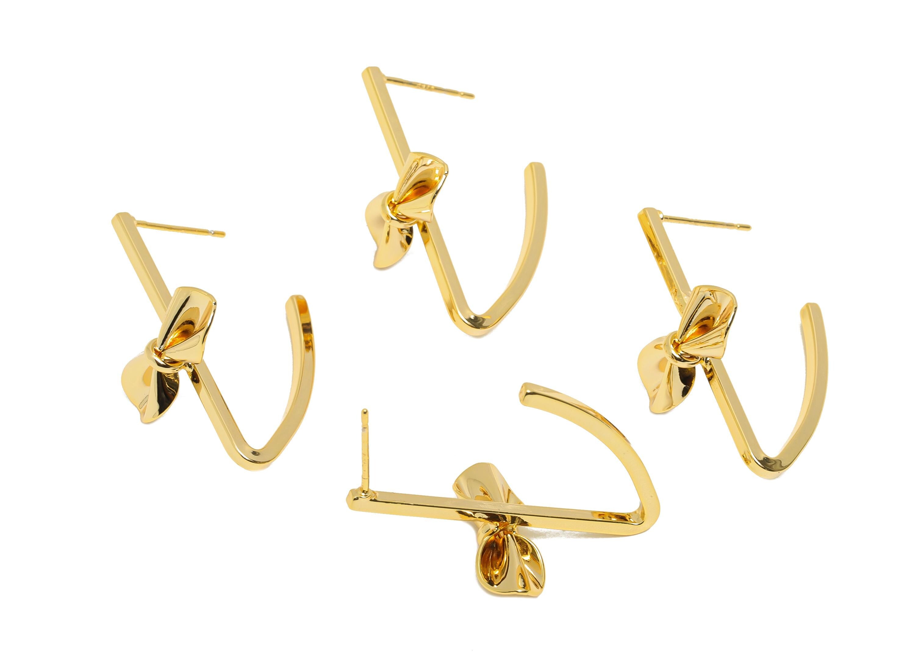 Brass Bow Hoop Earring Post - Brass Modern Bow Earring Stud - Butterfly Bow Hoop Earring Stud - 18K Real Gold Plating - 30x16x18mm- RGP10800 - DOMEDBAZAAR