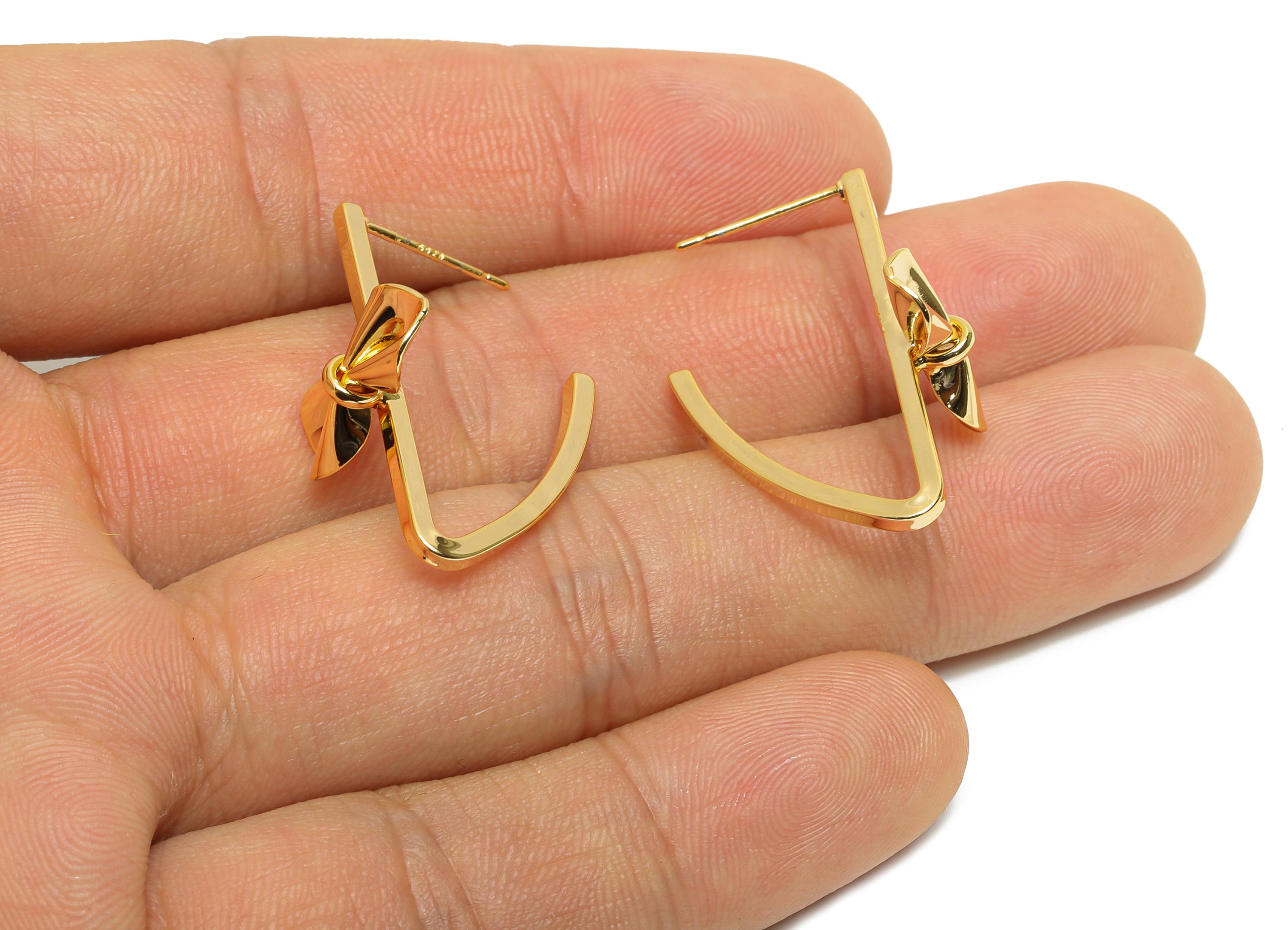 Brass Bow Hoop Earring Post - Brass Modern Bow Earring Stud - Butterfly Bow Hoop Earring Stud - 18K Real Gold Plating - 30x16x18mm- RGP10800 - DOMEDBAZAAR