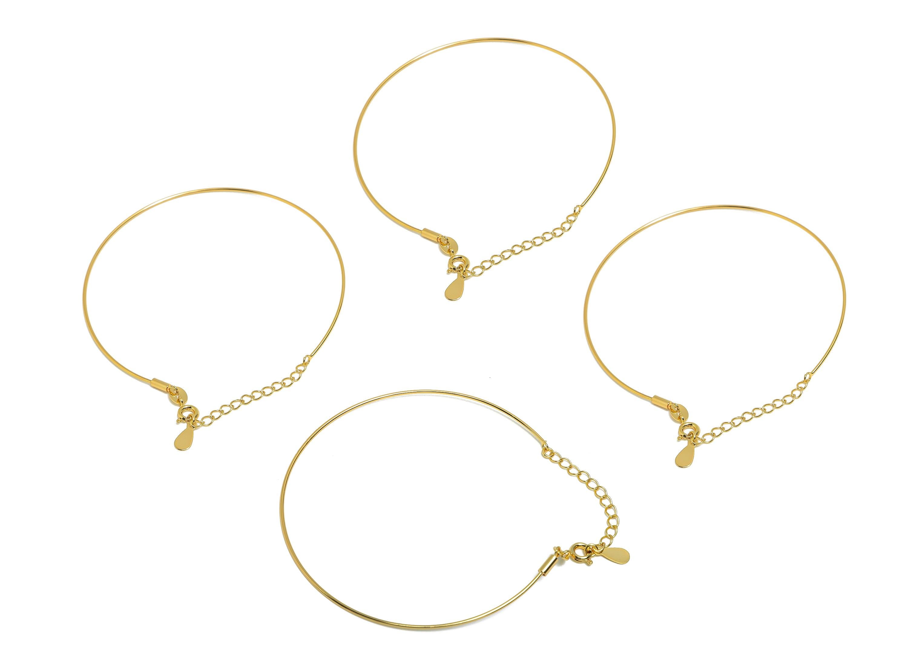 Brass Customizable Bracelet Base - Brass DIY Bead Bracelet - Thin Wire Bracelet with Clasp - 18K Real Gold Plating - 63x59x0.8mm - RGP10906