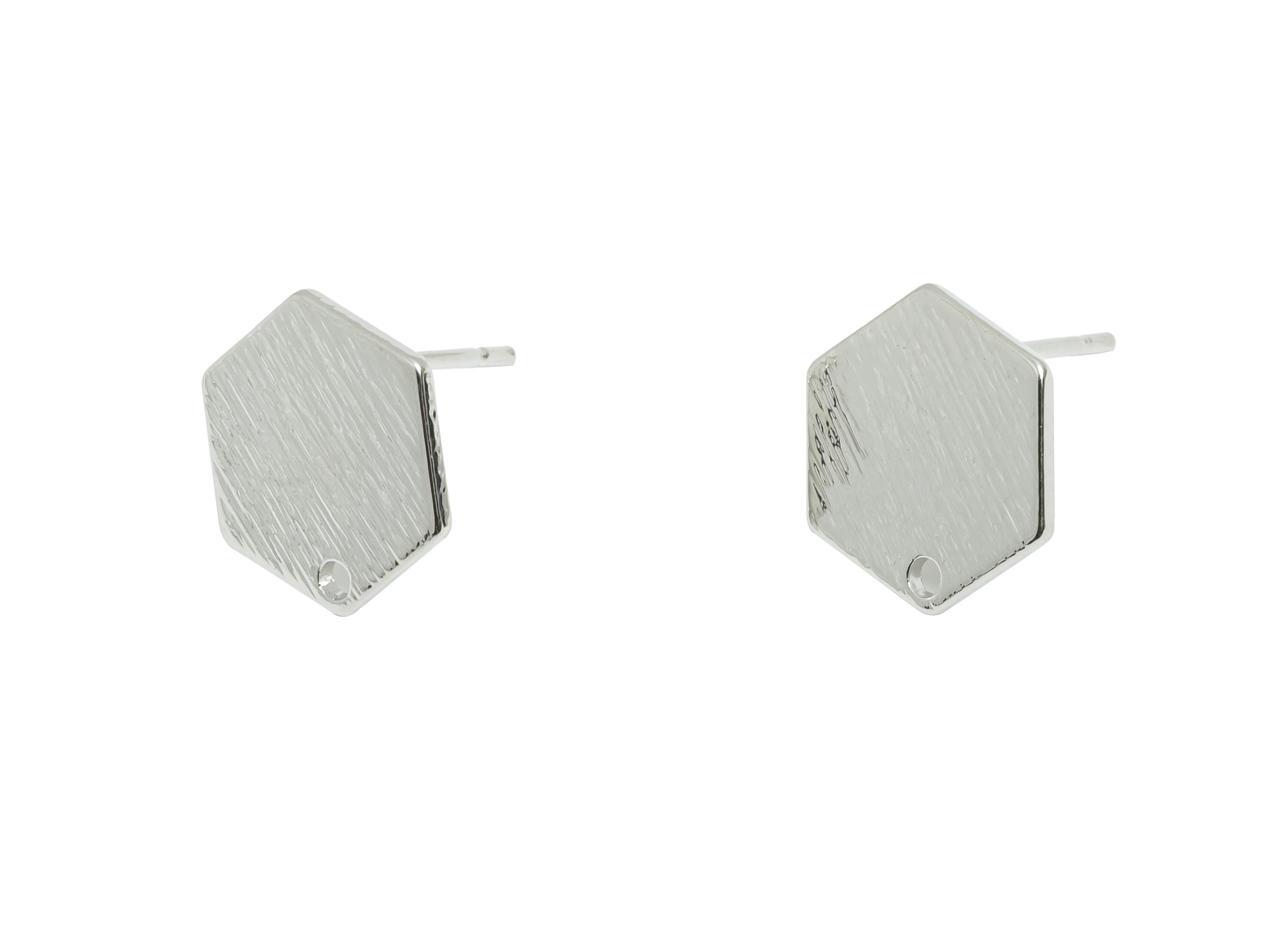 Brass Textured Hexagon Earring Post - Brass Geometry Stud Earring - Base Earring With Hole - 18K Real White Gold Plated - 11x11x1mm-RGP10018 - DOMEDBAZAAR