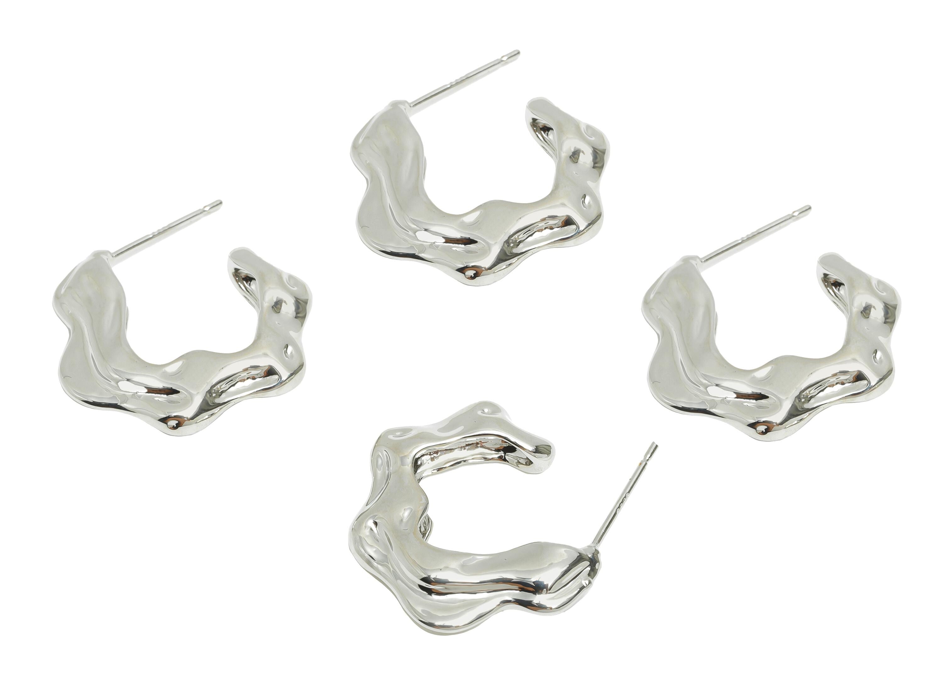 Wavy Open C Hoop Earring Post - Brass Irregular Stud Earring - Unique Geometric Earring - 18K Real White Gold Plating - 21x18x4mm - RGP10976 - DOMEDBAZAAR