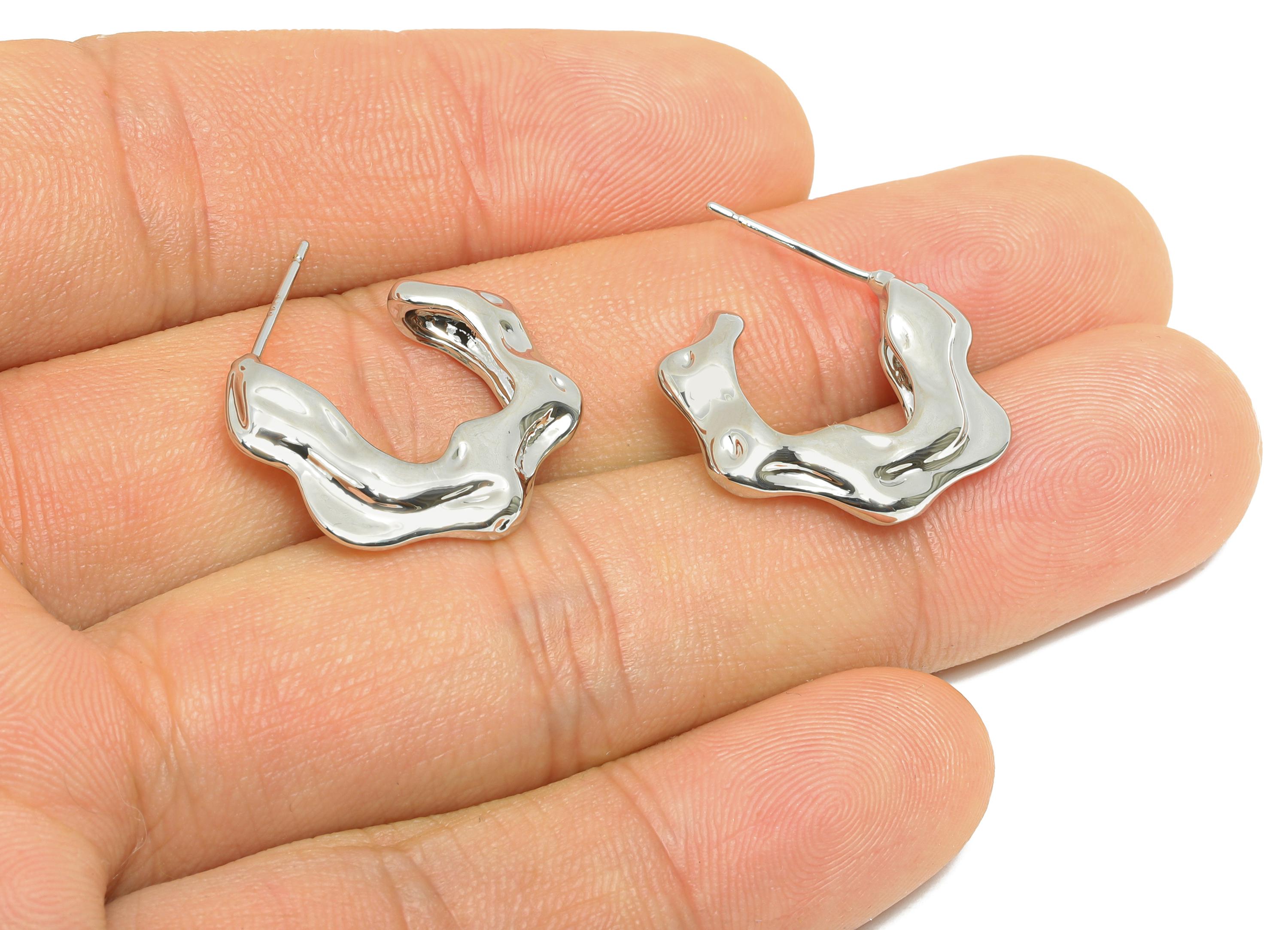 Wavy Open C Hoop Earring Post - Brass Irregular Stud Earring - Unique Geometric Earring - 18K Real White Gold Plating - 21x18x4mm - RGP10976 - DOMEDBAZAAR