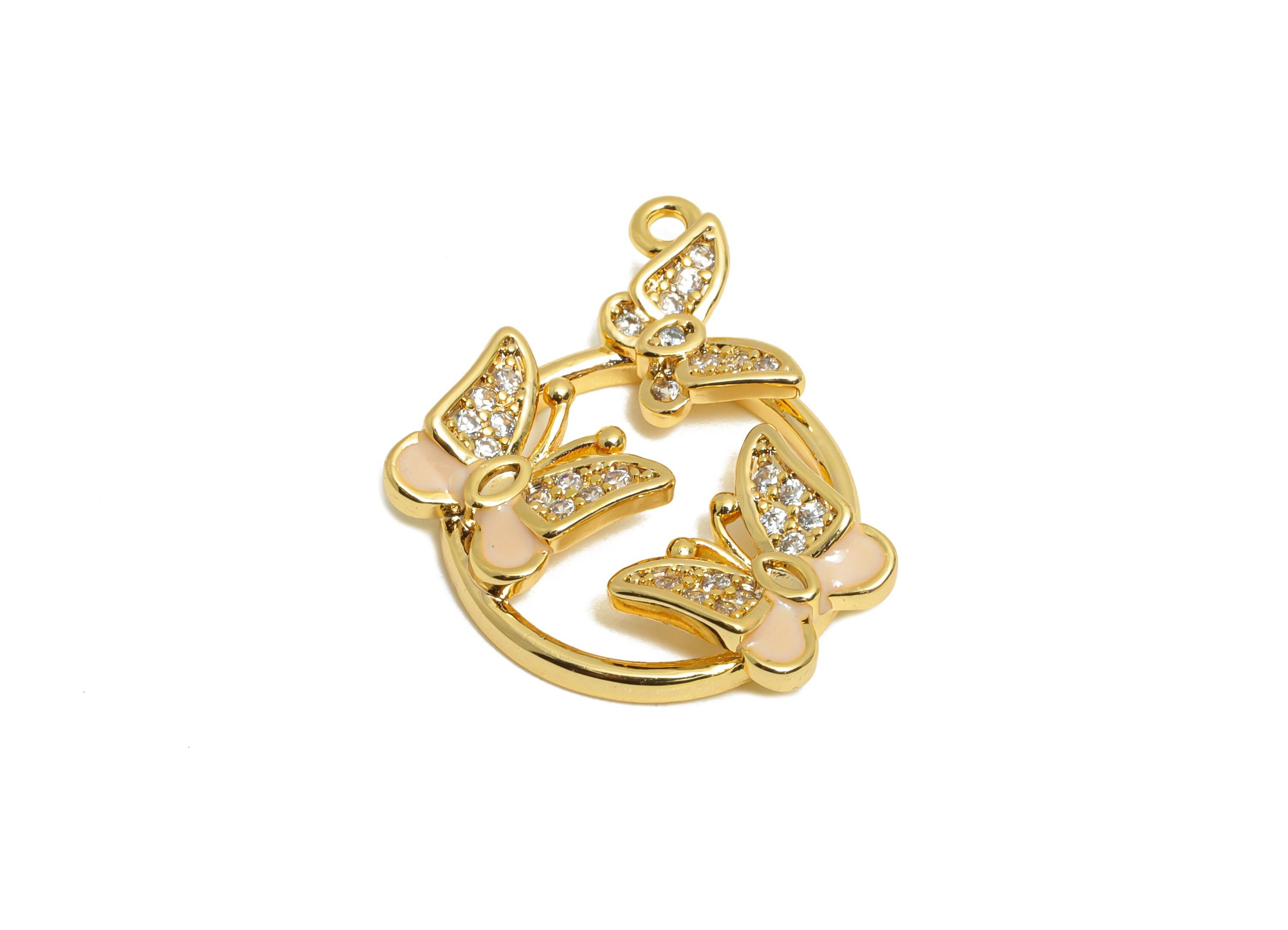 Brass CZ Butterfly Pendant - Gold Enamel Charm for Necklace - Shiny Triple Butterfly Pendant - 18K Real Gold Plated - 21x17.7x4mm - RGP10959