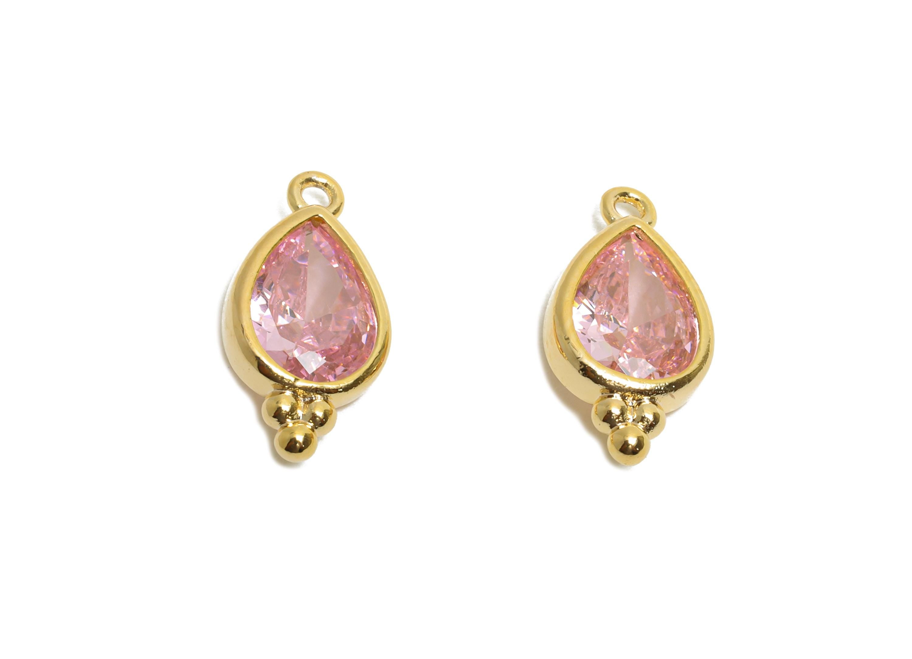 Brass Teardrop Zircon Charm - Dainty Pink Faceted Zircon Necklace Pendant - DIY Jewelry Making - 18K Real Gold Plated - 14x7x3mm - RGP11058 - DOMEDBAZAAR
