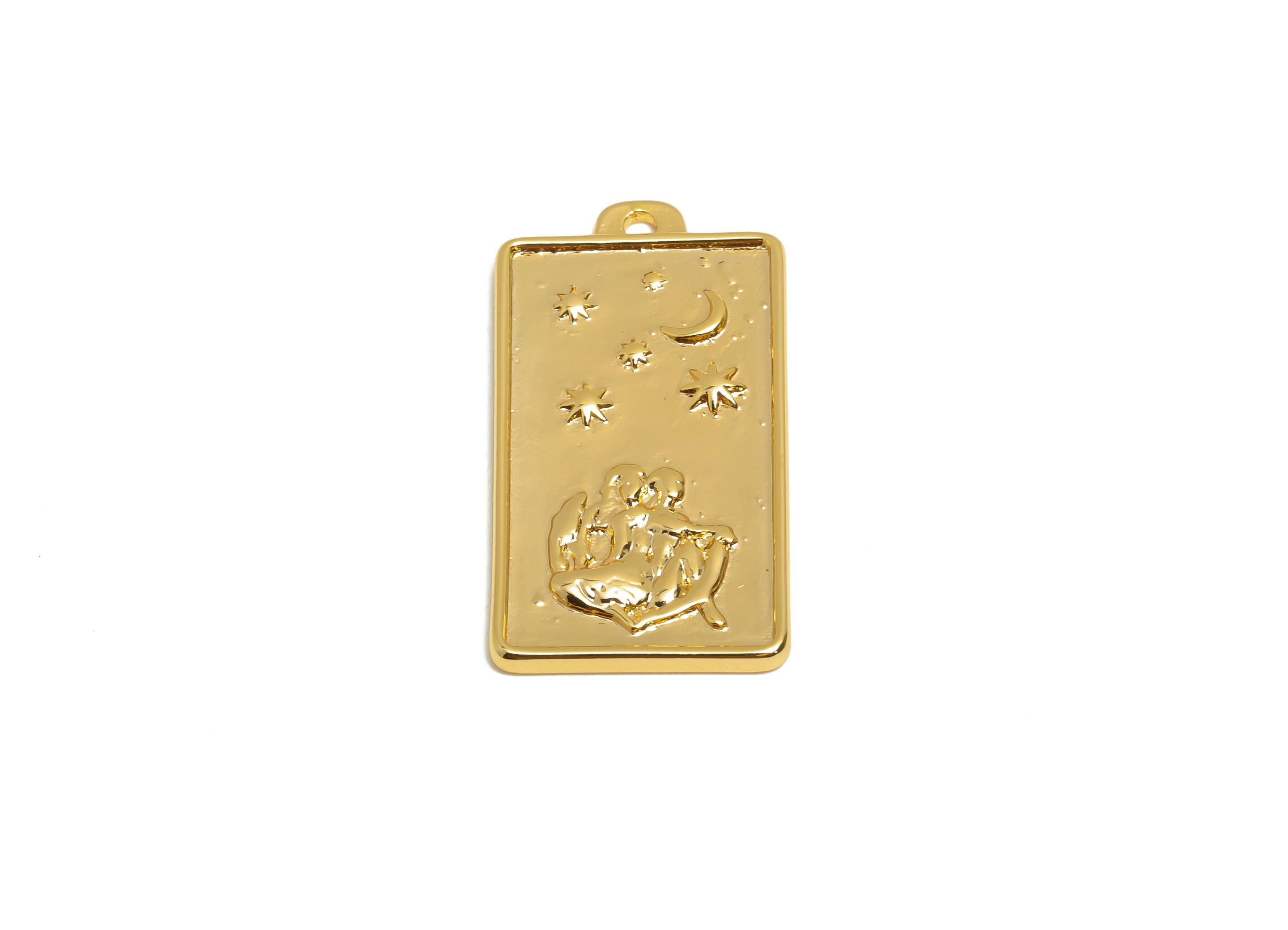Gemini Zodiac Rectangle Charm - Gold Brass Horoscopes Necklace Pendant - Astrology Good Lucky Charm - 18K Gold Plated - 24x12x1mm - RGP11037 - DOMEDBAZAAR