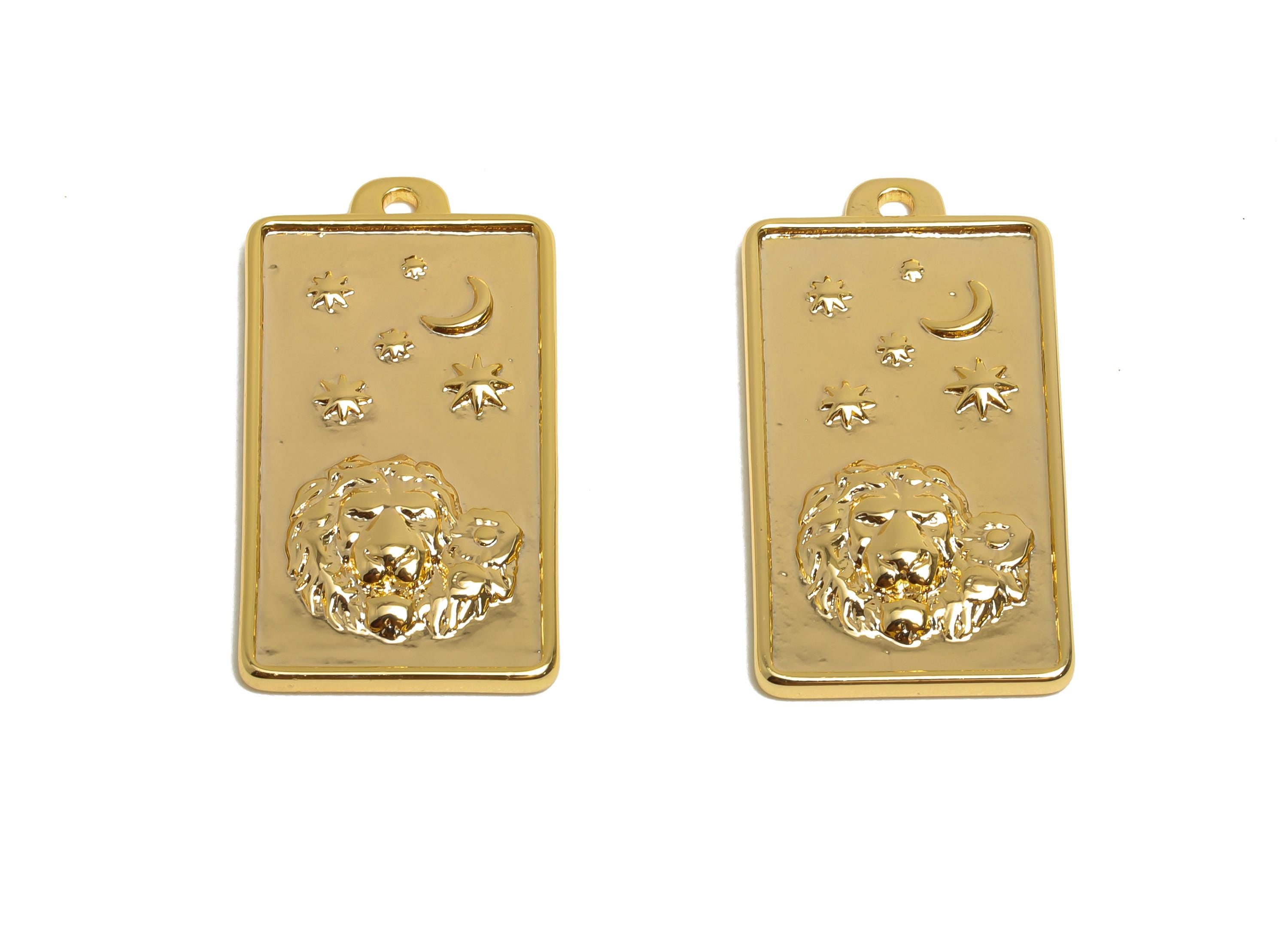 Leo Zodiac Rectangle Charm - Gold Brass Horoscopes Necklace Pendant - Astrology Good Lucky Charm - 18K Gold Plated - 24x12x1mm - RGP11039 - DOMEDBAZAAR