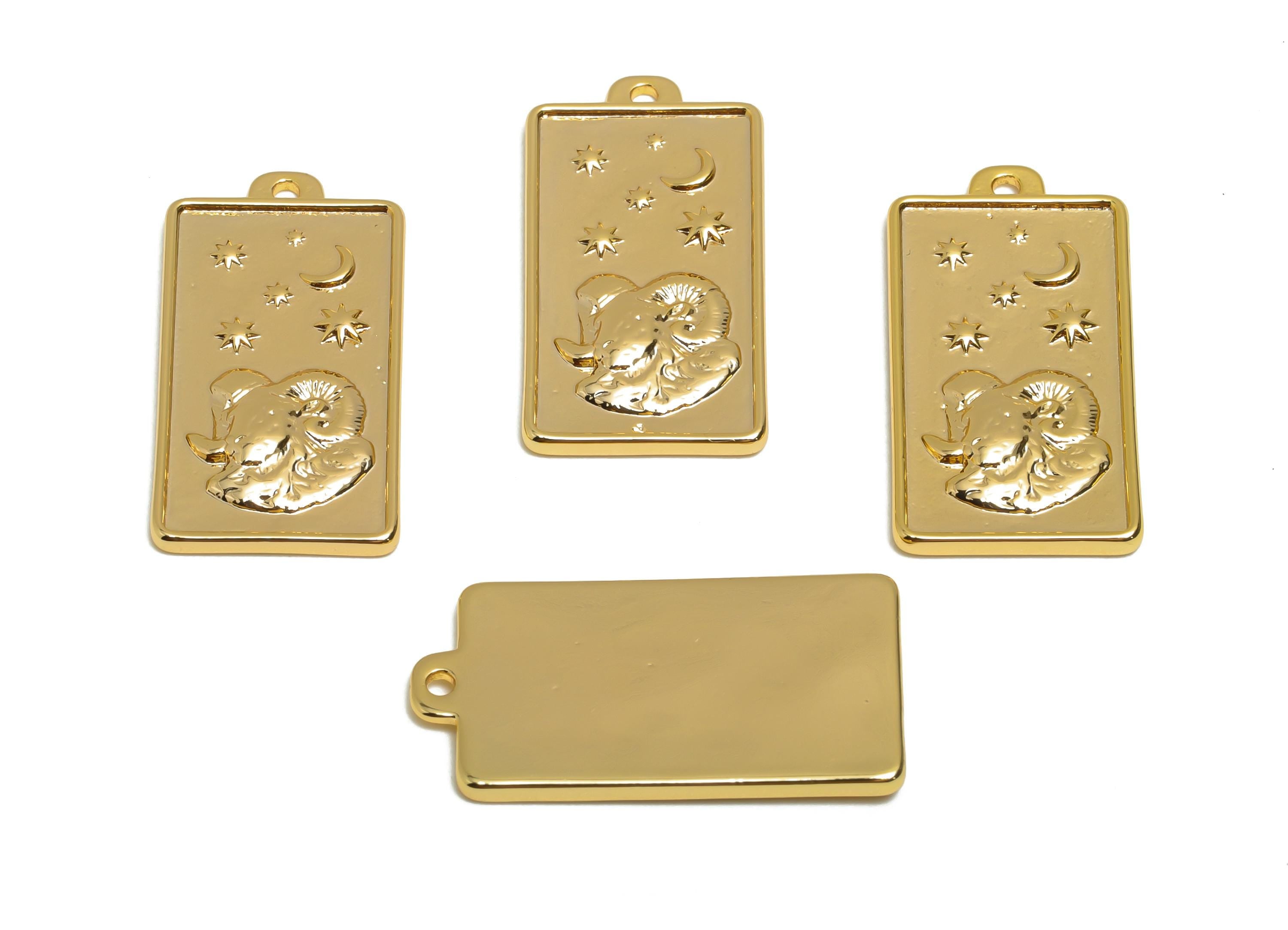 Aries Zodiac Rectangle Charm - Gold Brass Horoscopes Necklace Pendant - Astrology Good Lucky Charm - 18K Gold Plated - 24x12x1mm - RGP11044 - DOMEDBAZAAR