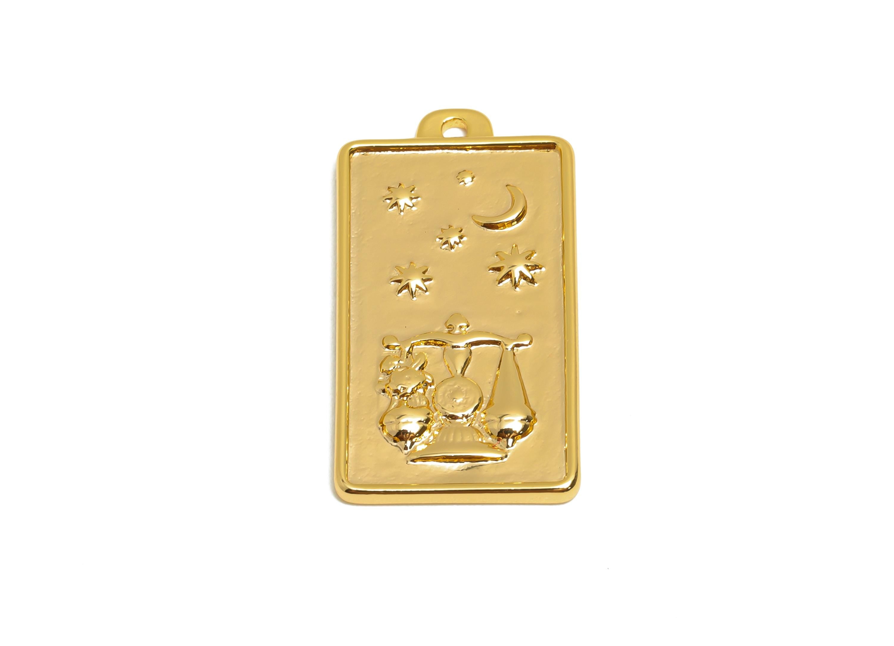Libra Zodiac Rectangle Charm - Gold Brass Horoscopes Necklace Pendant - Astrology Good Lucky Charm - 18K Gold Plated - 24x12x1mm - RGP11045 - DOMEDBAZAAR