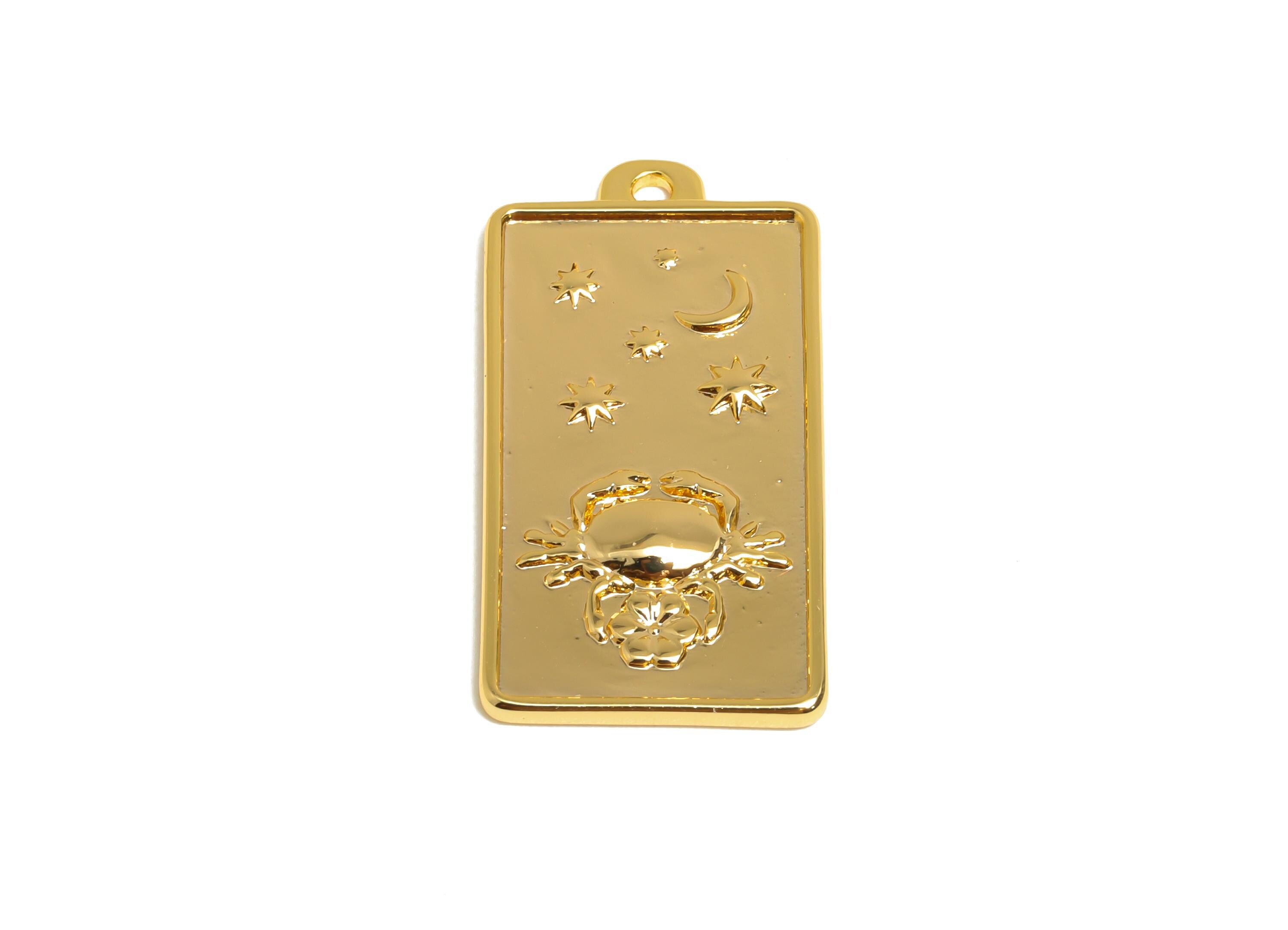 Cancer Zodiac Rectangle Charm - Gold Brass Horoscopes Necklace Pendant - Astrology Good Lucky Charm - 18K Gold Plated - 24x12x1mm - RGP11047 - DOMEDBAZAAR