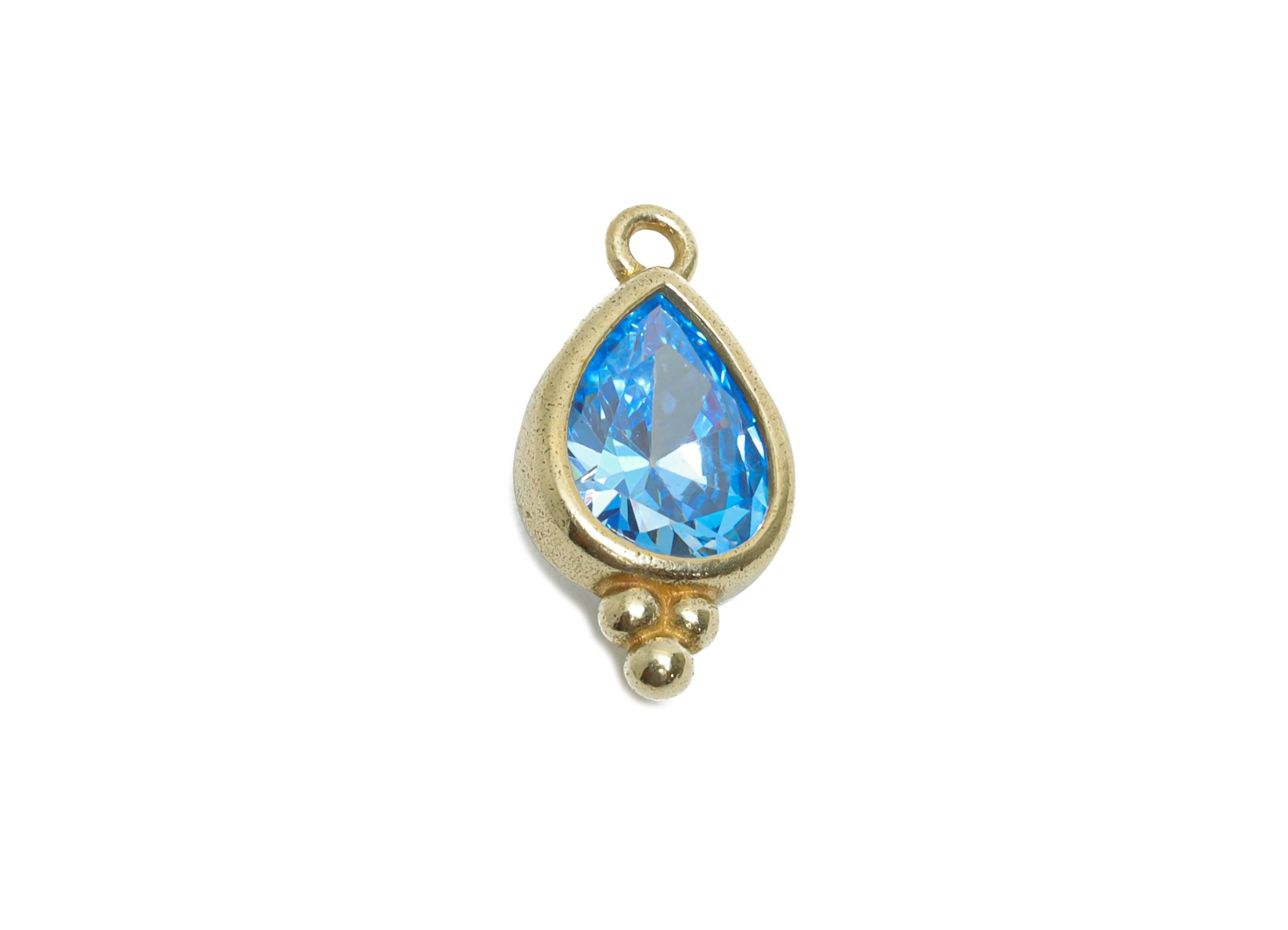 Raw Brass Teardrop Zircon Charm - Shiny Blue Faceted Zircon Pendant for Necklace - For Craft Making - Jewelry Supplies - 14x7x3mm - PP11427 - DOMEDBAZAAR