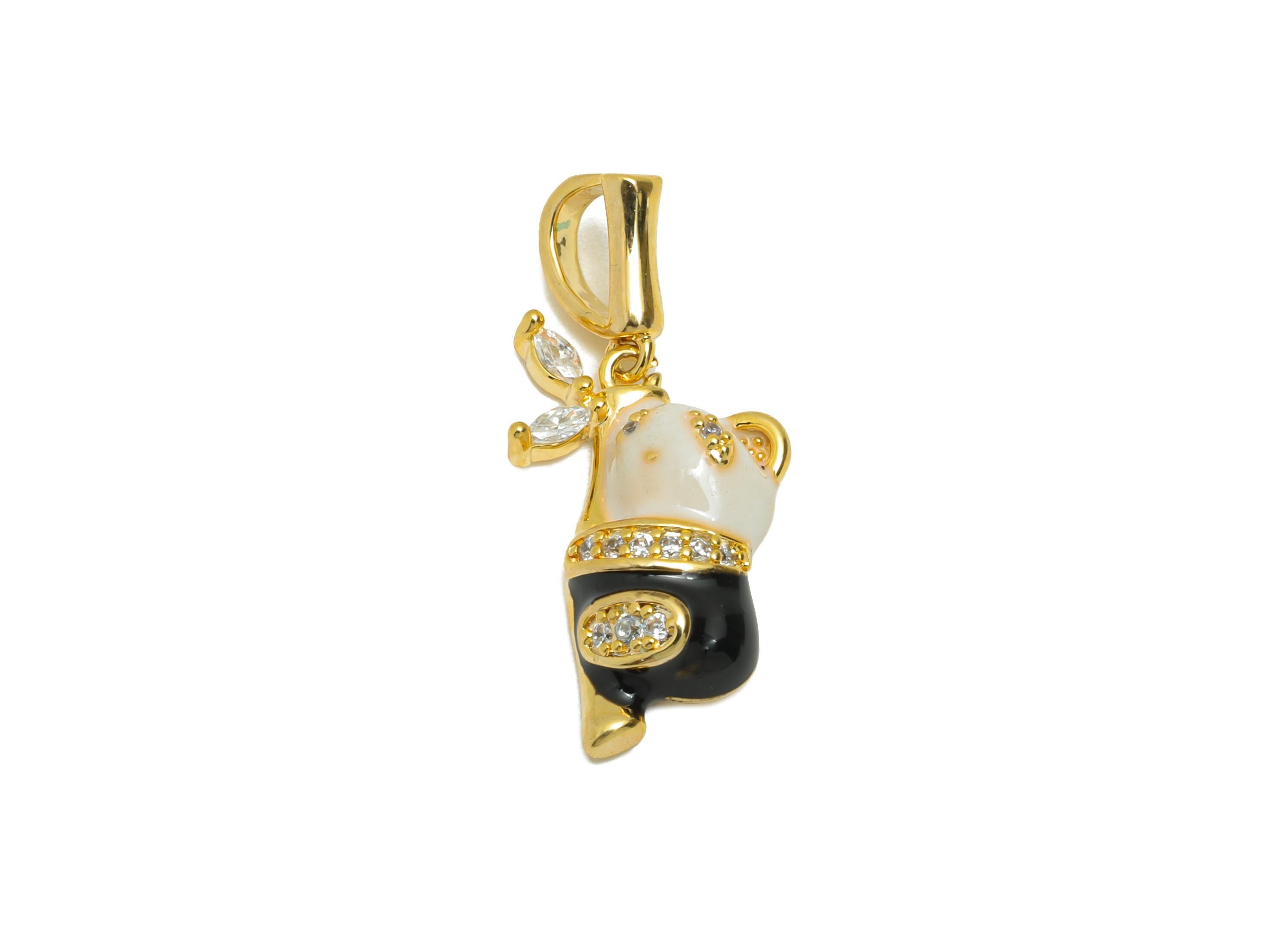 Brass Panda Charm Pendant - Dainty Cute Enamel Pendant - Cubic Zircon Bamboo Marquise Jewelry - 18K Real Gold Plated - 25x11x4mm -RGP11028