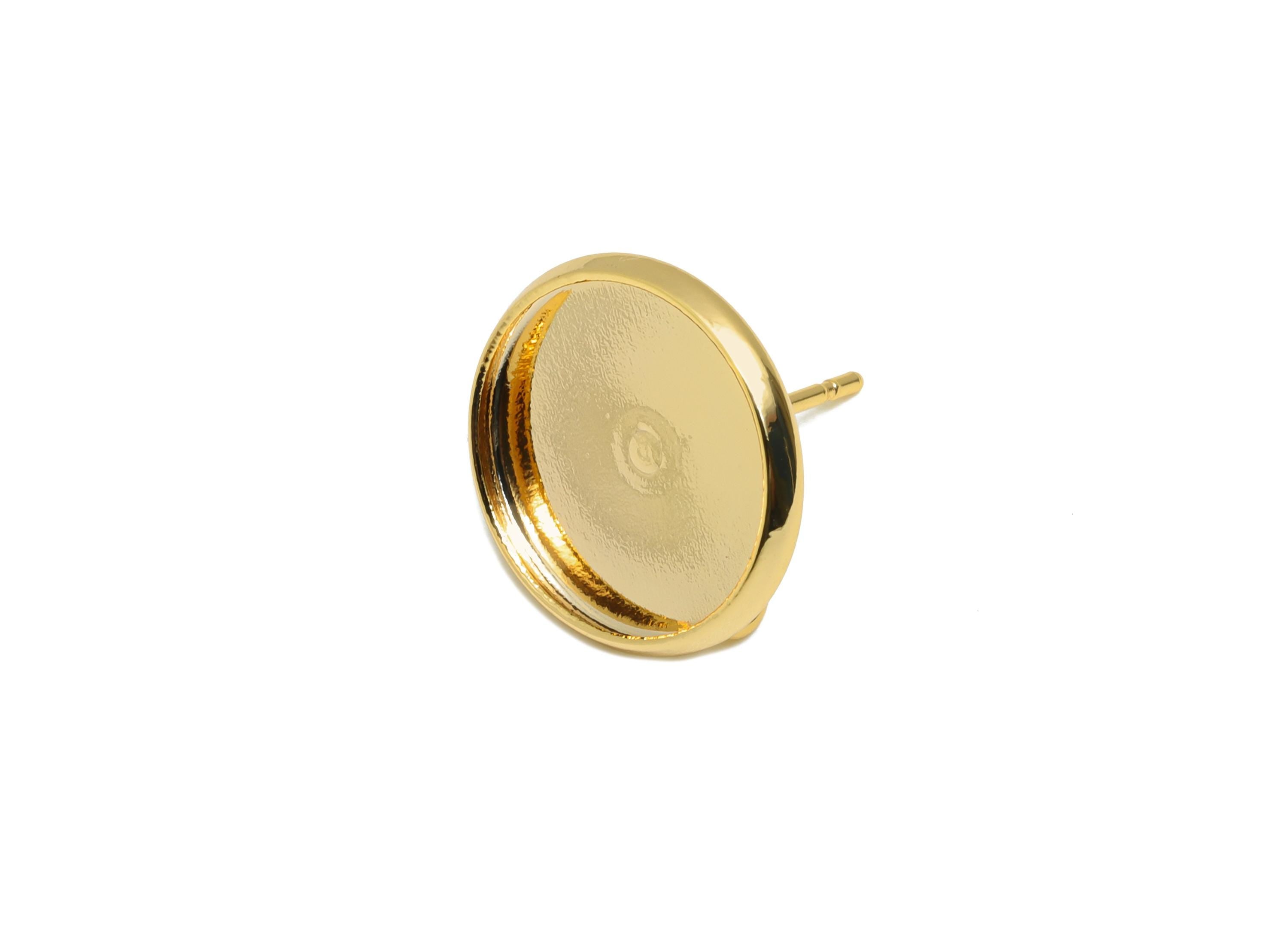 Flat Round Cabochon Setting - Jewelry Making Stud Finding - Customizable Earring Post With Loop - 18K Real Gold Plating - 13x13x2mm-RGP11031 - DOMEDBAZAAR