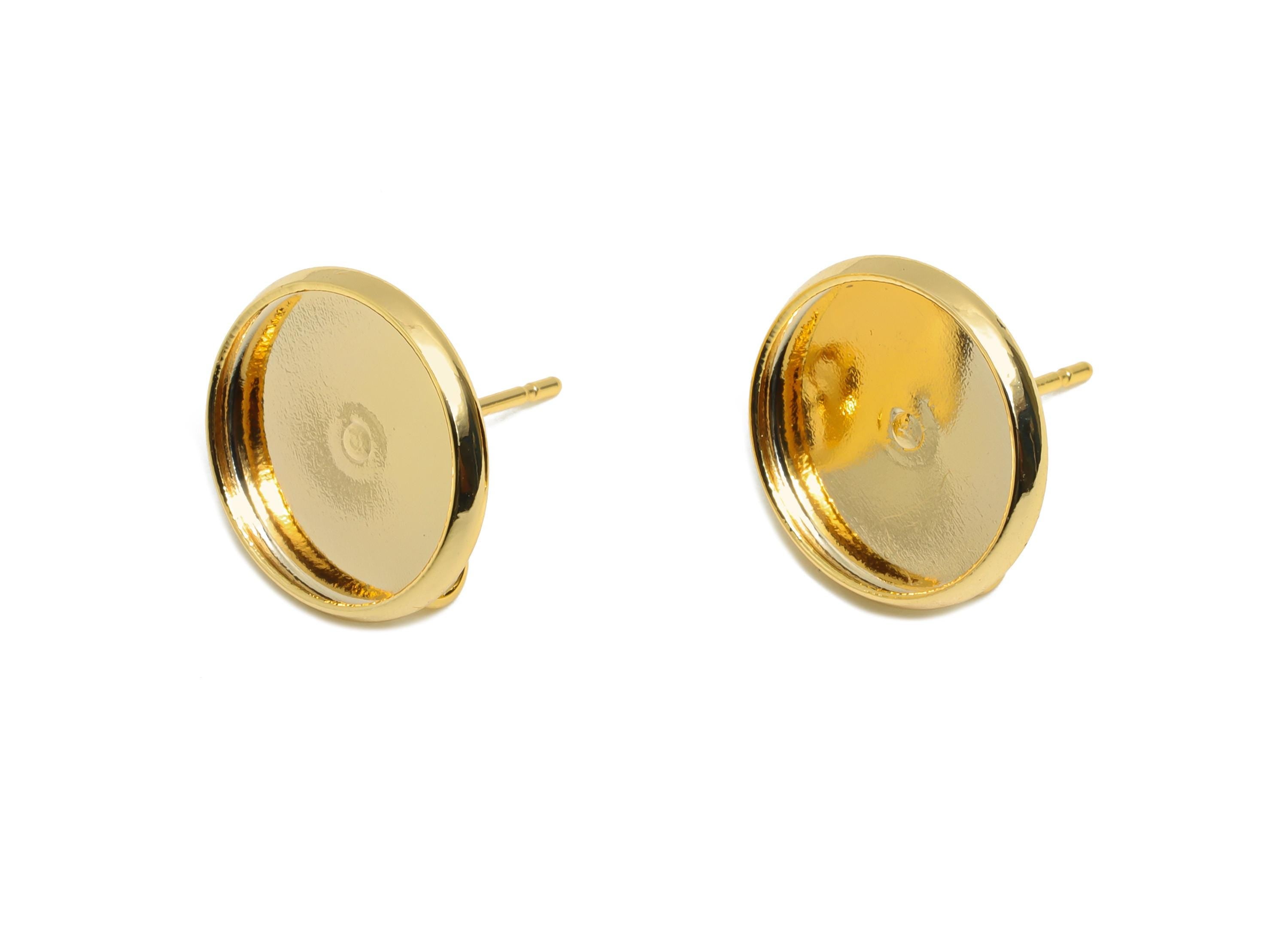 Flat Round Cabochon Setting - Jewelry Making Stud Finding - Customizable Earring Post With Loop - 18K Real Gold Plating - 13x13x2mm-RGP11031 - DOMEDBAZAAR