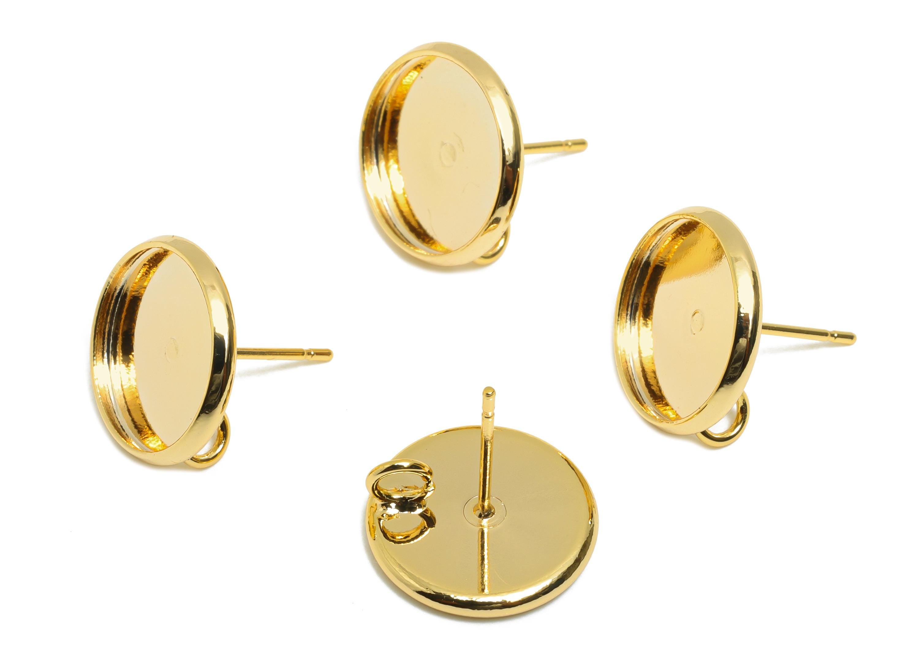 Flat Round Cabochon Setting - Jewelry Making Stud Finding - Customizable Earring Post With Loop - 18K Real Gold Plating - 13x13x2mm-RGP11031 - DOMEDBAZAAR