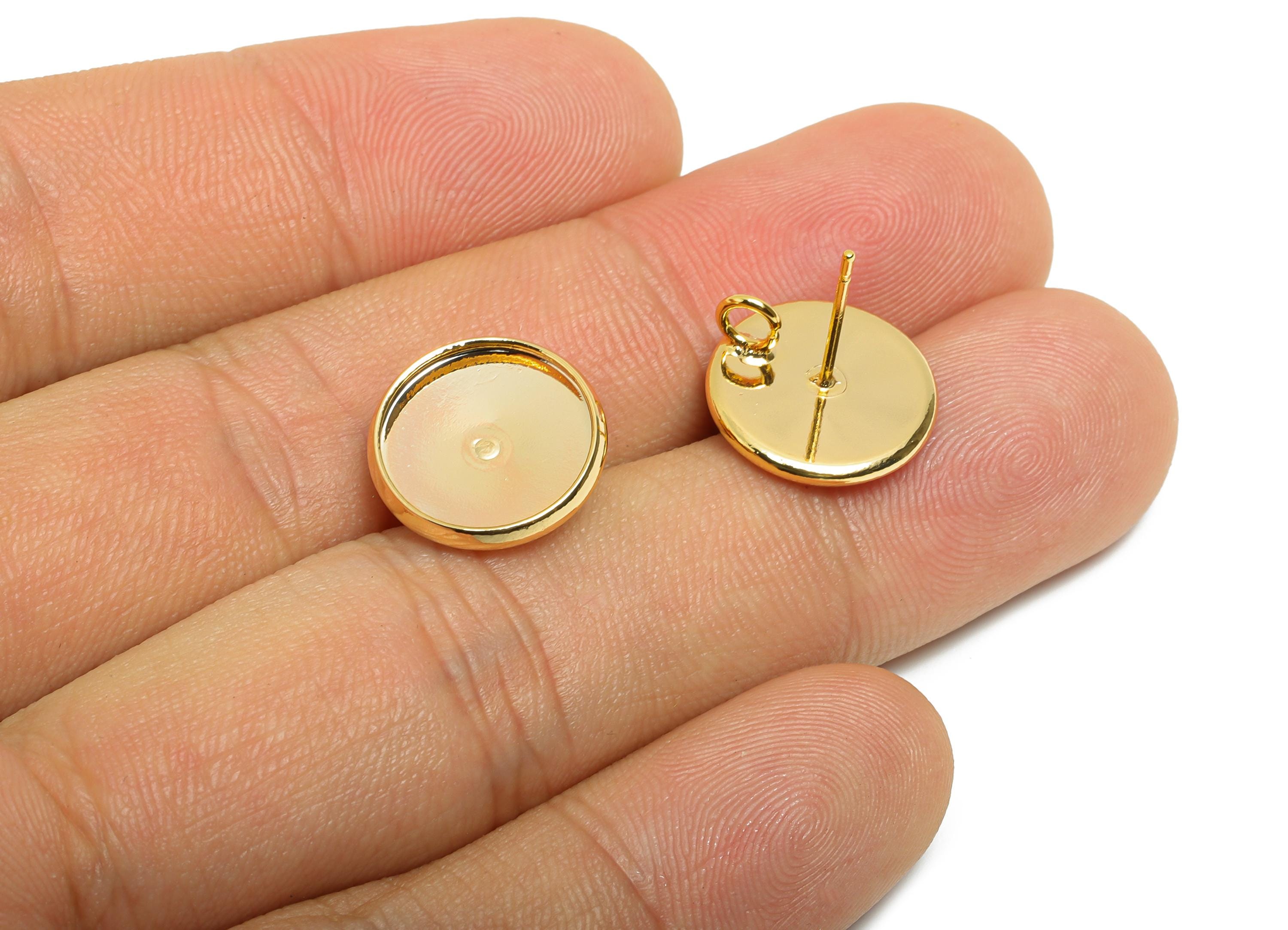 Flat Round Cabochon Setting - Jewelry Making Stud Finding - Customizable Earring Post With Loop - 18K Real Gold Plating - 13x13x2mm-RGP11031 - DOMEDBAZAAR