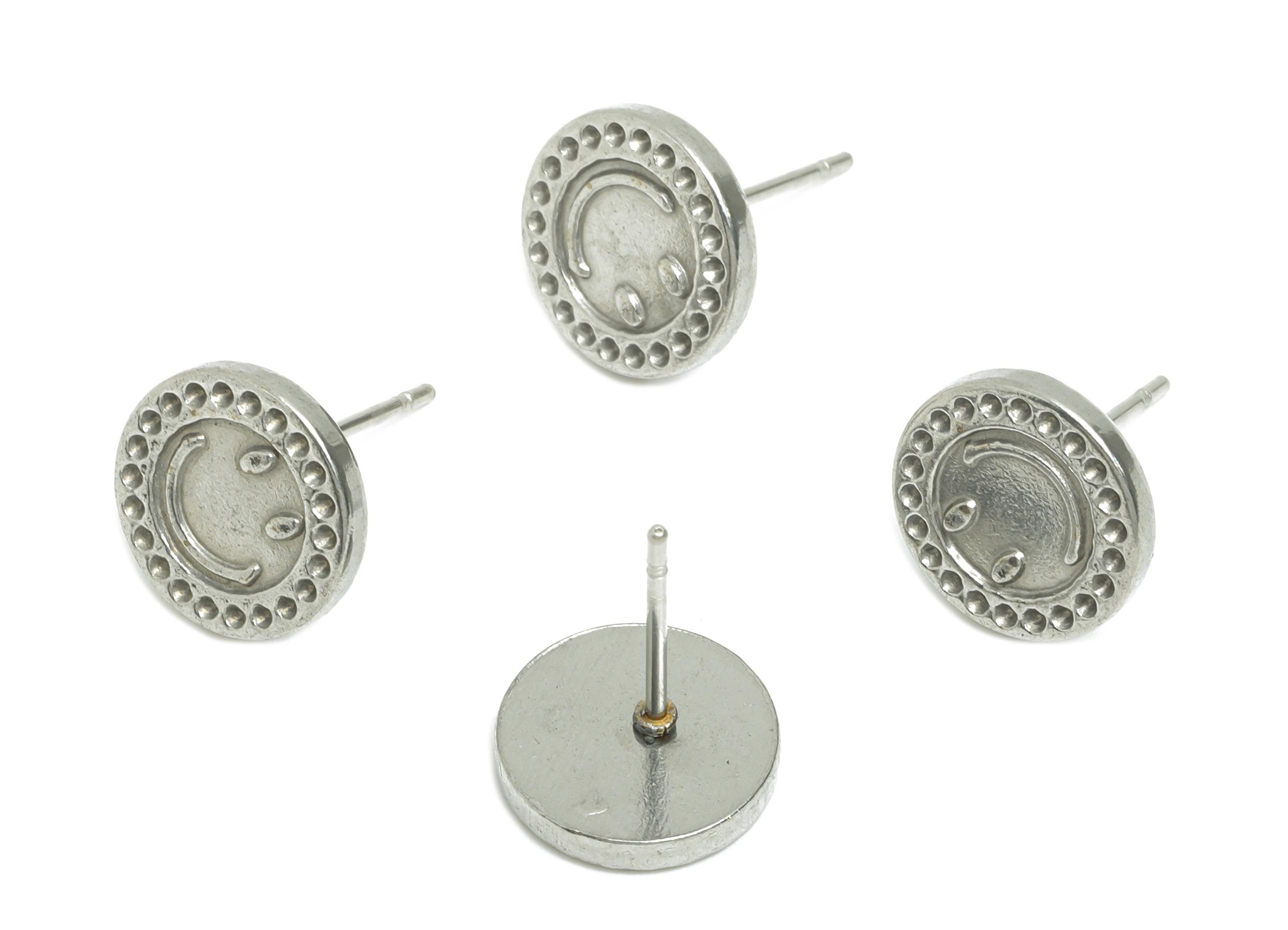 Steel Round Stud Earring - Steel Textured Happy Face Stud Earrings - Mini Steel Earring Post - Stainless Steel Post - 10x10x1.77mm - SS2716