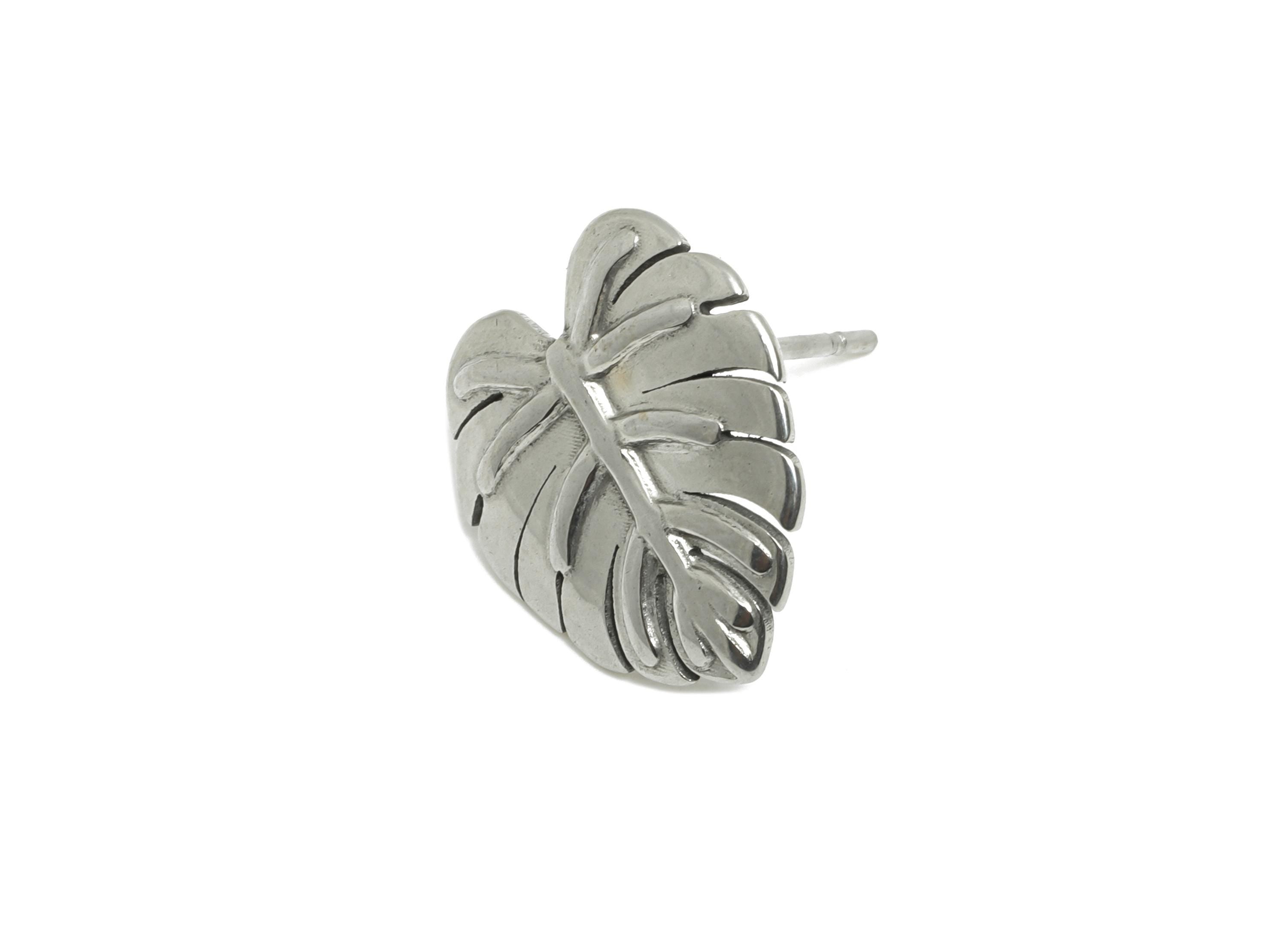 Steel Monstera Leaf Stud Earring - Steel Textured Tropical Leaf Earring - Botanical Earring Post - Stainless Steel Post - 15x14x1mm - SS2733