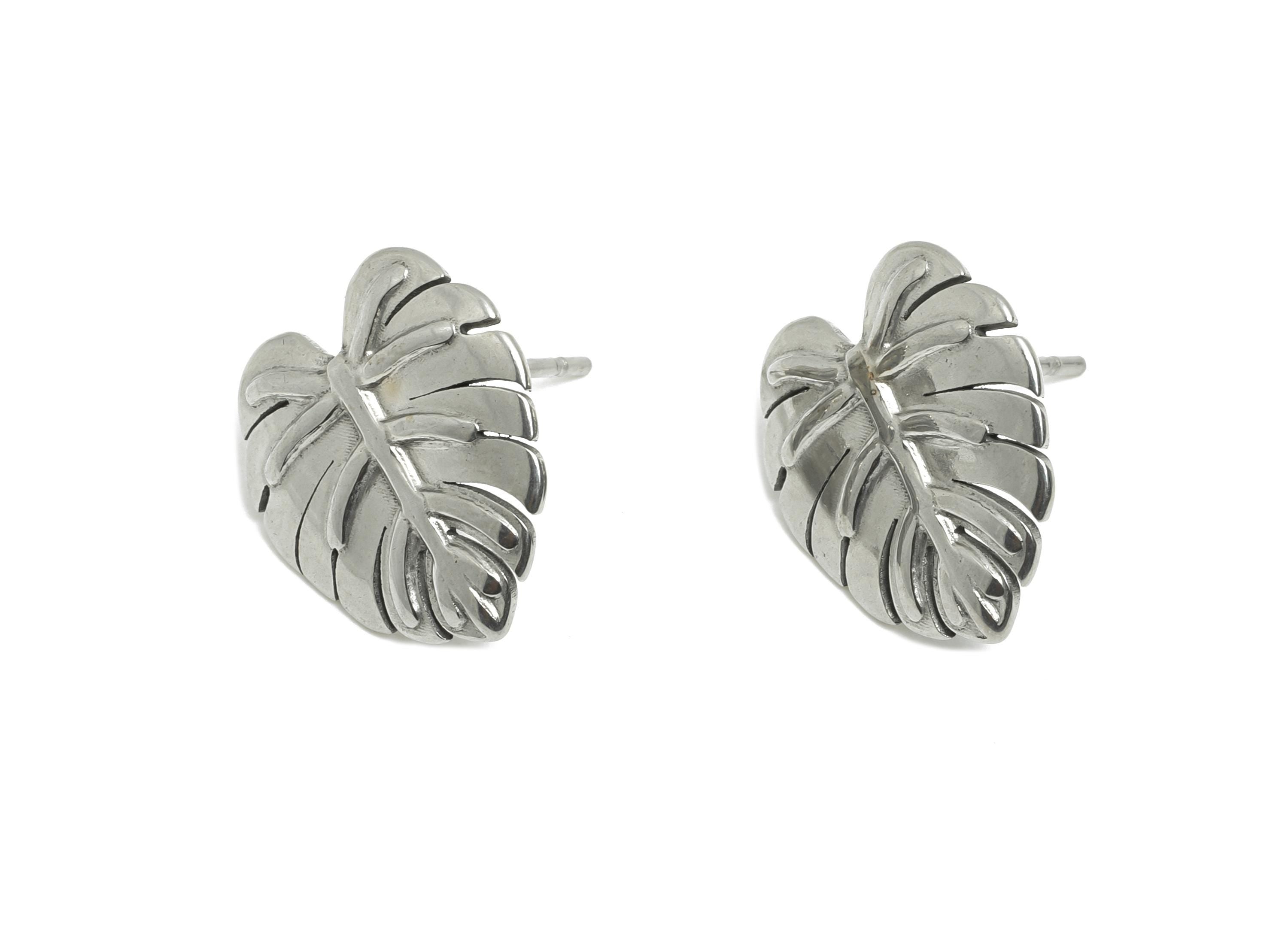 Steel Monstera Leaf Stud Earring - Steel Textured Tropical Leaf Earring - Botanical Earring Post - Stainless Steel Post - 15x14x1mm - SS2733