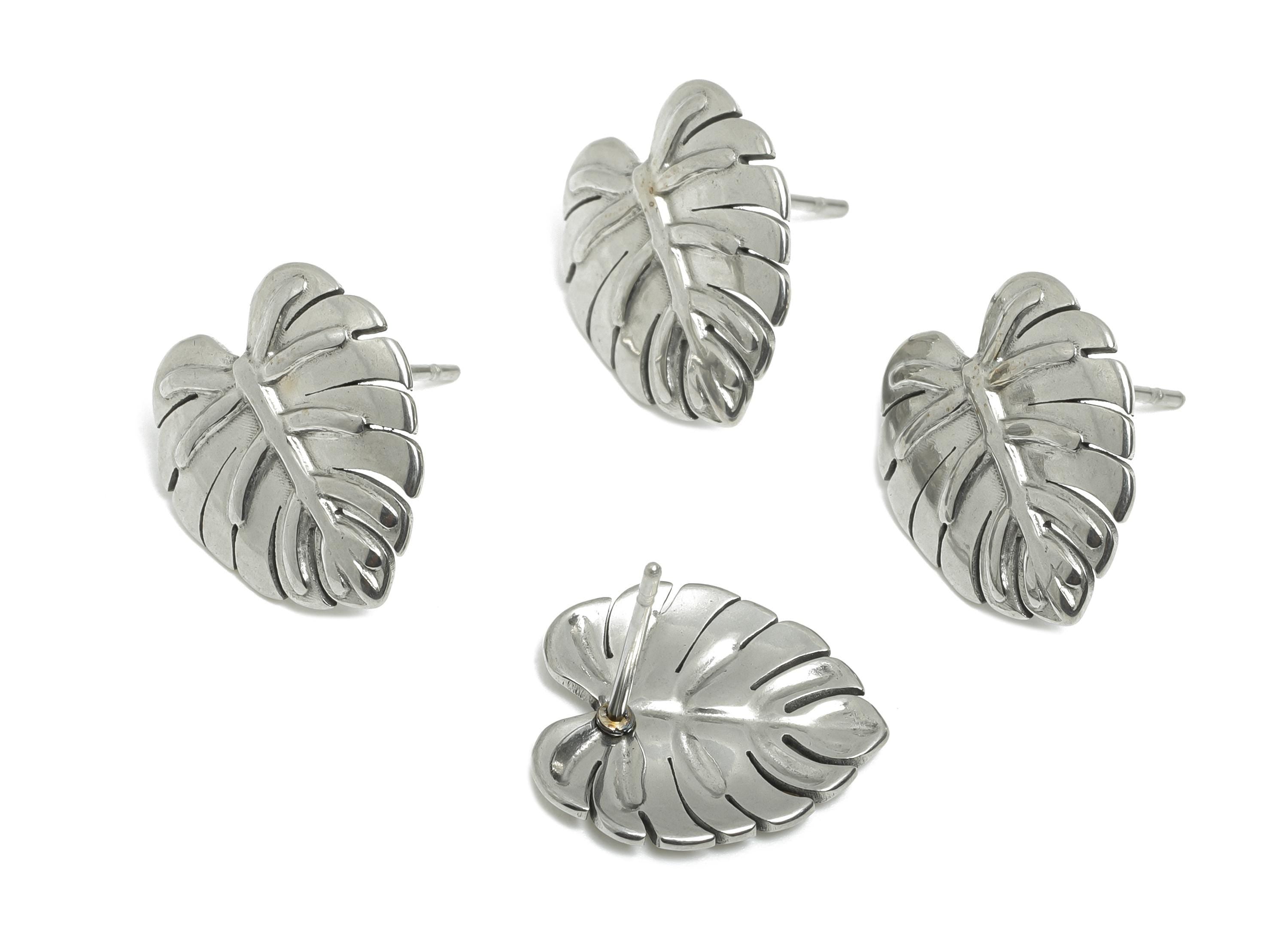 Steel Monstera Leaf Stud Earring - Steel Textured Tropical Leaf Earring - Botanical Earring Post - Stainless Steel Post - 15x14x1mm - SS2733