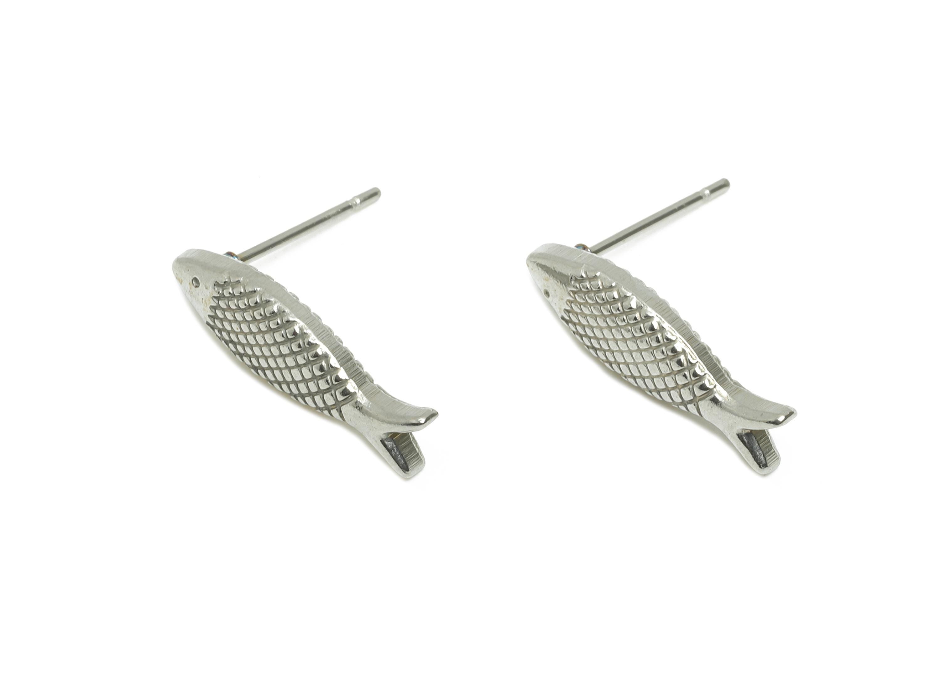 Steel Fish Stud Earring - Steel Textured Fish Earring - Steel Marine Life Earring Post - Stainless Steel Post - 18.78x5x2.84mm - SS2722