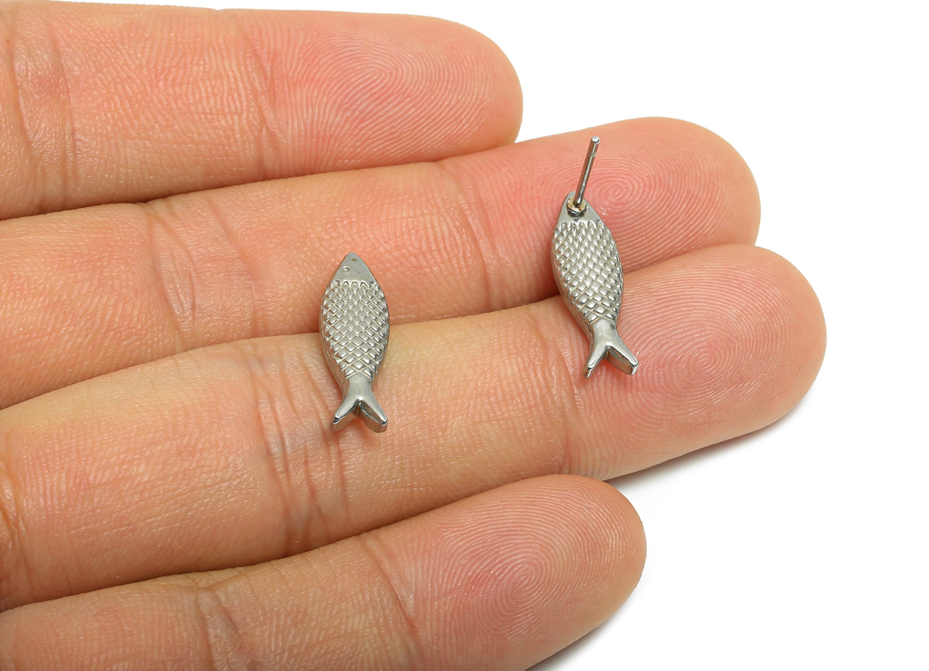 Steel Fish Stud Earring - Steel Textured Fish Earring - Steel Marine Life Earring Post - Stainless Steel Post - 18.78x5x2.84mm - SS2722